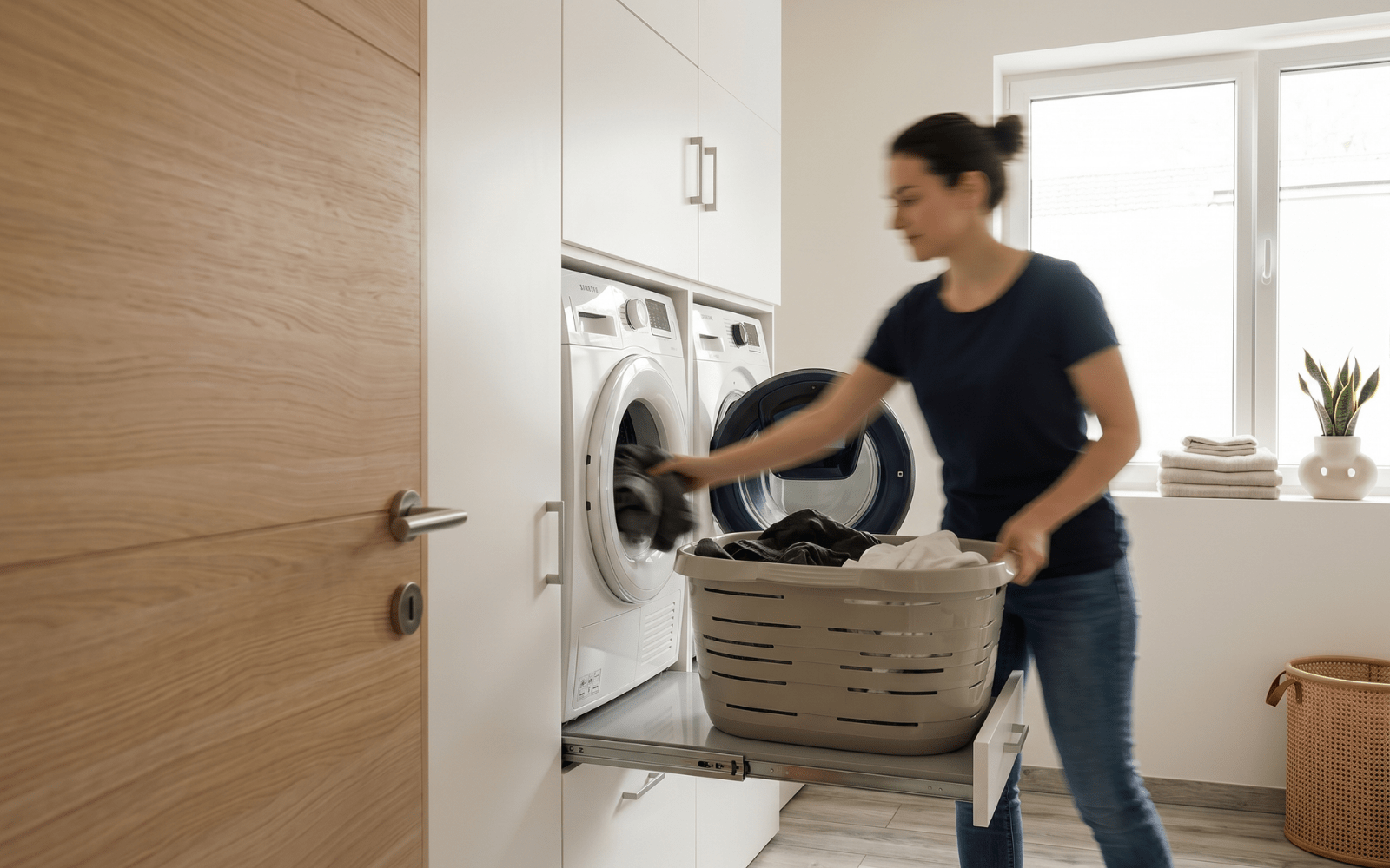 Meuble pour machine à laver dans une buanderie organisée