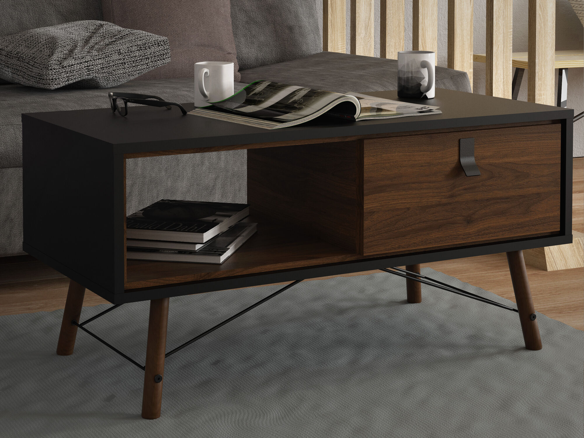 Table basse RYO 1 tiroir 1 niche noyer/noir