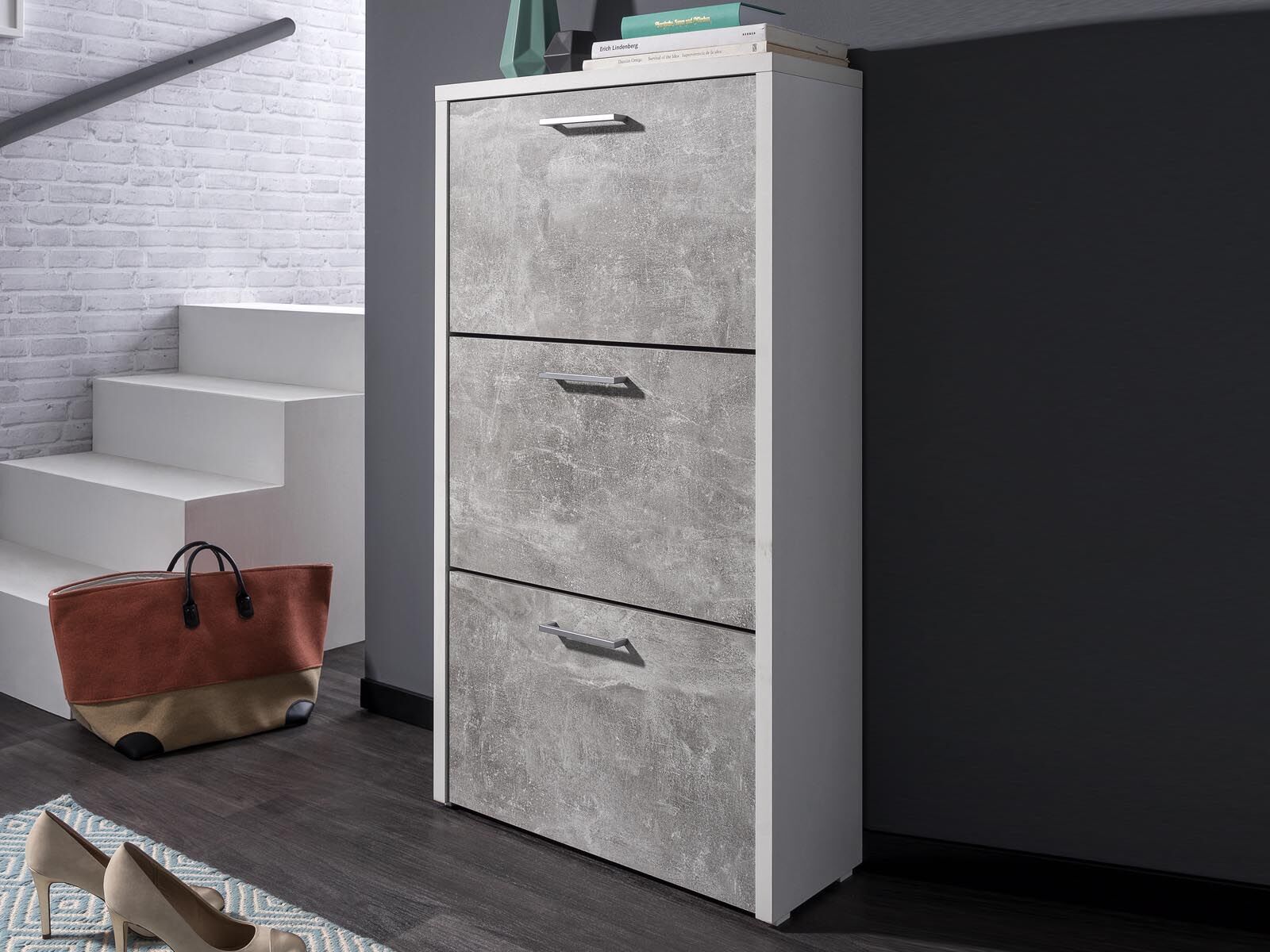 Meuble à chaussures FULL 3 portes blanc/béton