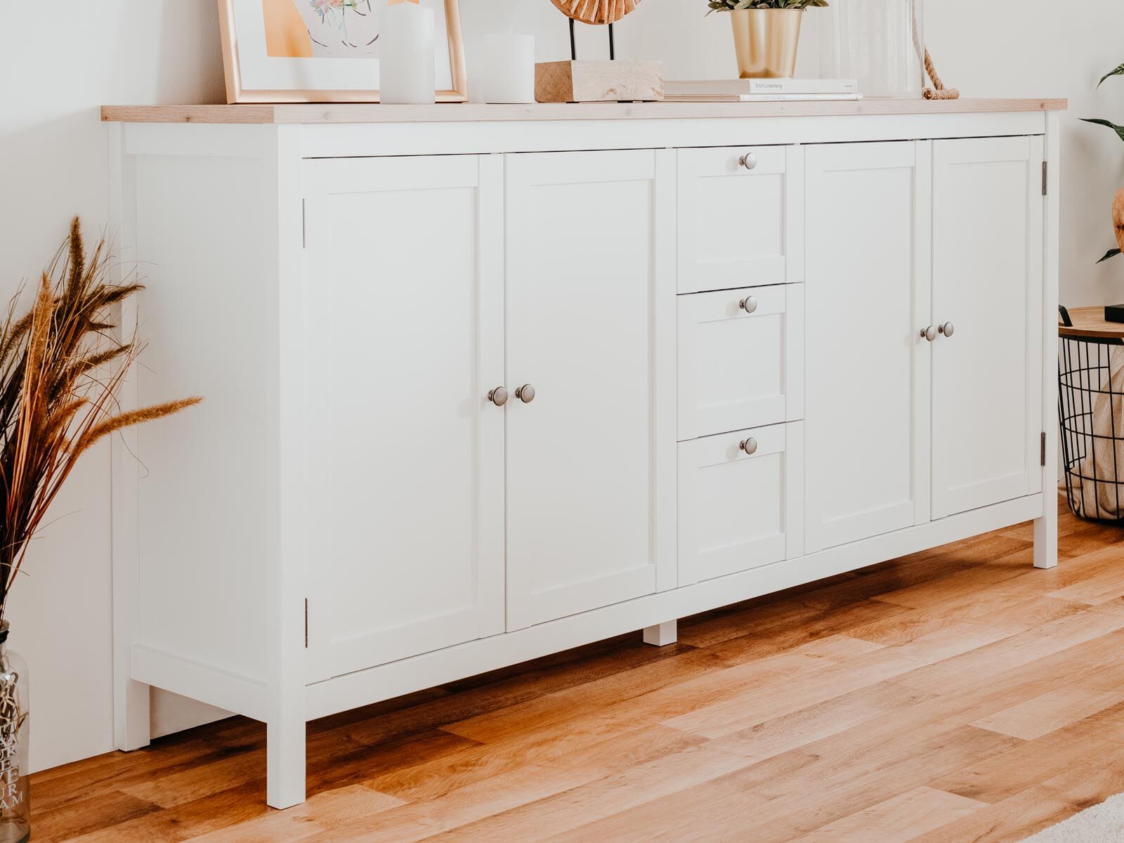 Buffet-bahut BERGAMOTE 4 portes 3 tiroirs blanc/chêne artisan