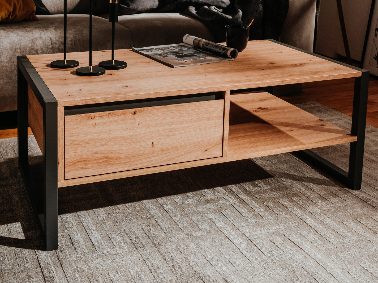 Table basse DENZEL 1 tiroir chêne artisanal/anthracite