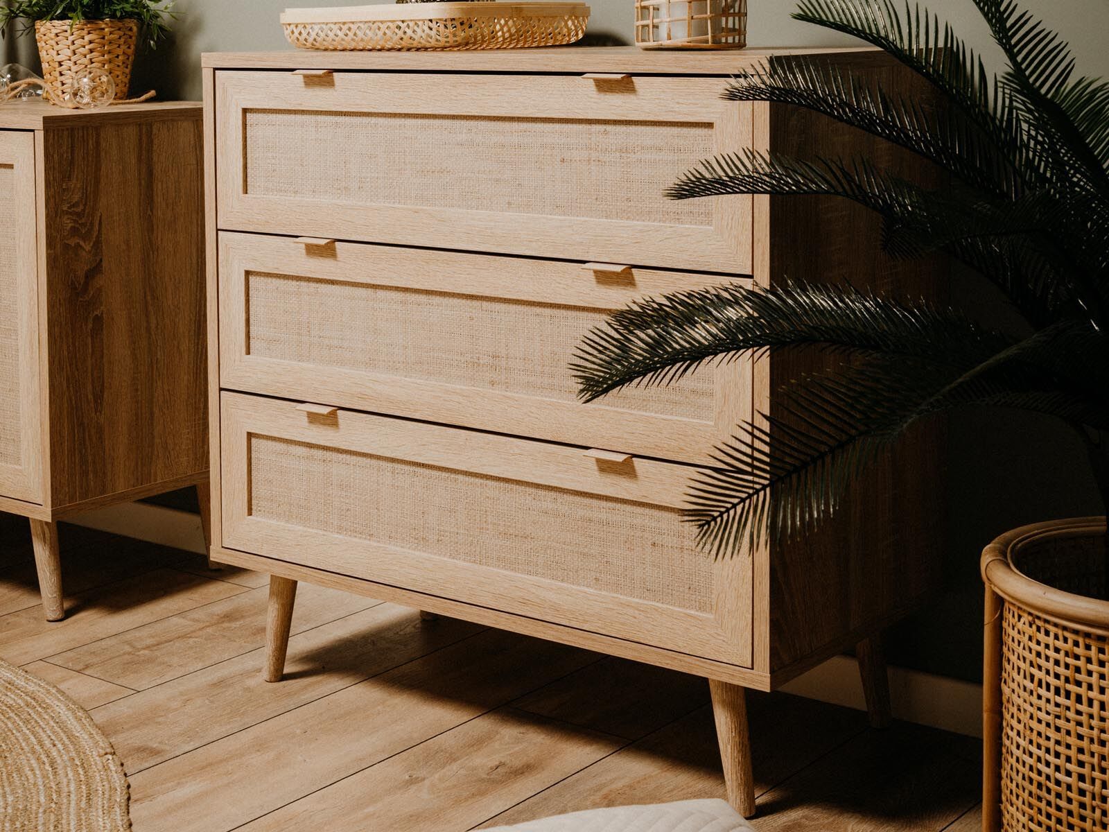 Commode BALO 3 tiroirs chêne sonoma/effet roseau naturel