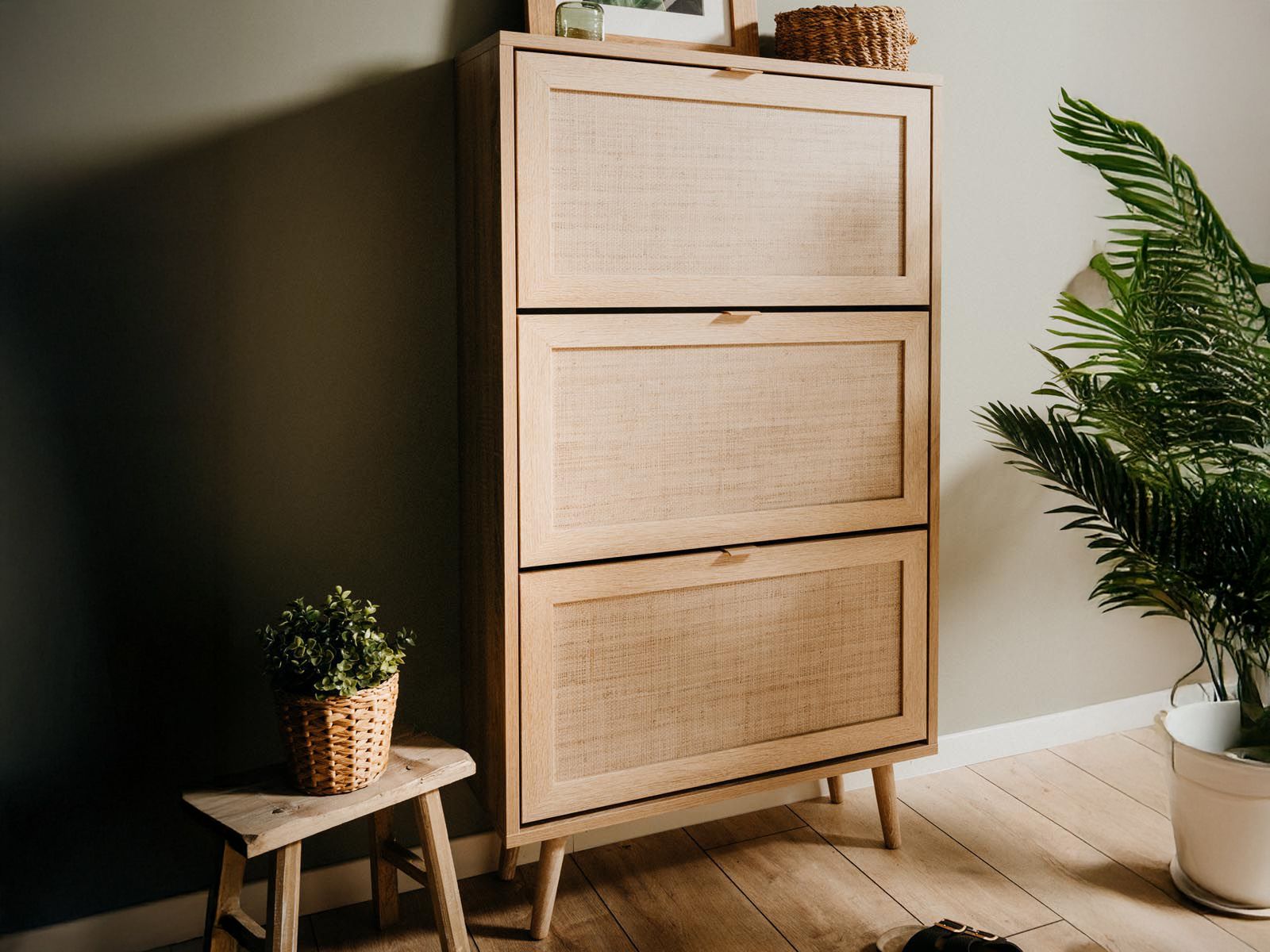 Meuble à chaussure BALO 3 portes chêne sonoma/effet roseau naturel