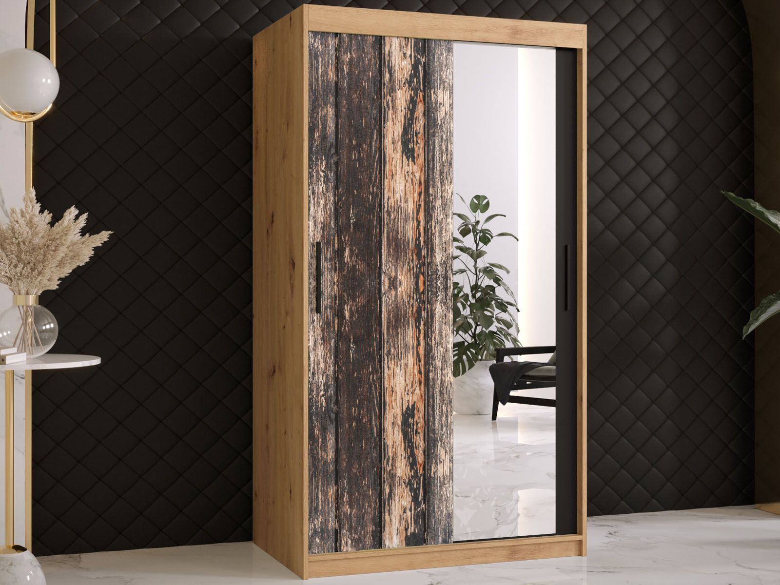 Armoire TODY 2 portes coulissantes 100 cm chêne artisan avec miroir