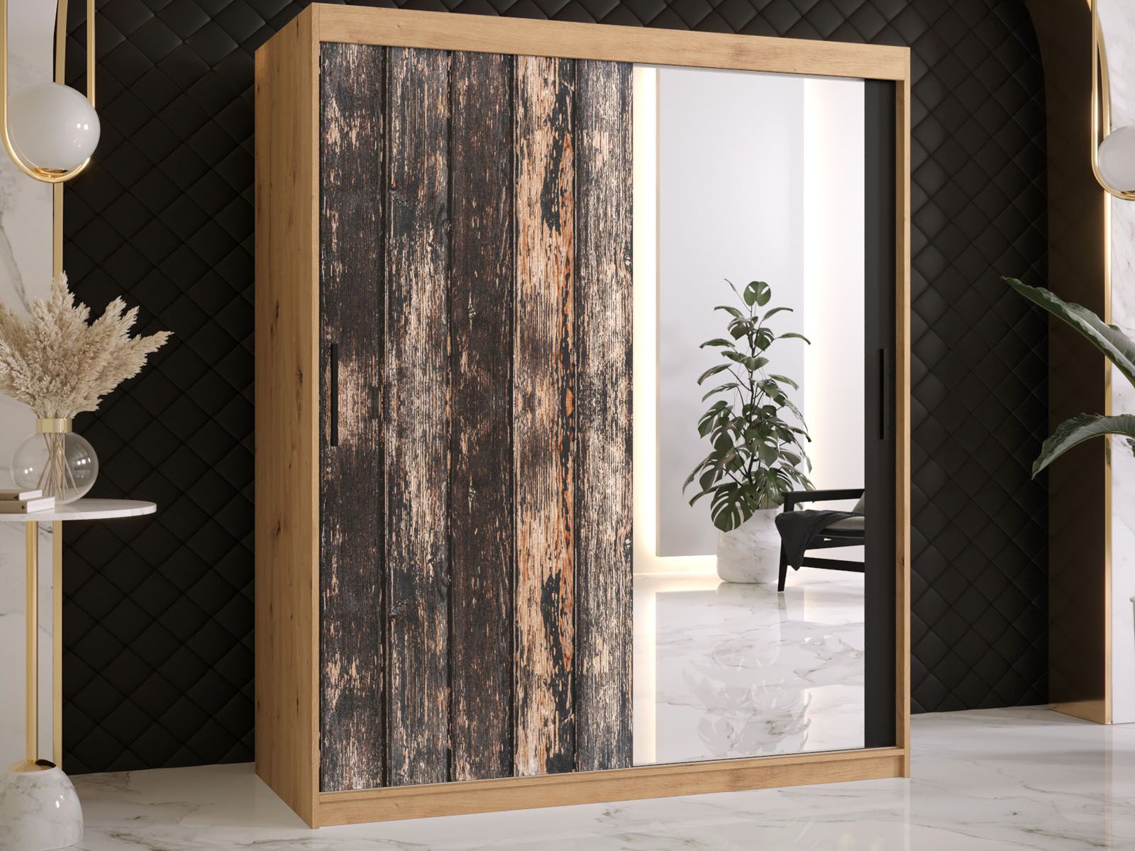 Armoire TODY 2 portes coulissantes 150 cm chêne artisan avec miroir