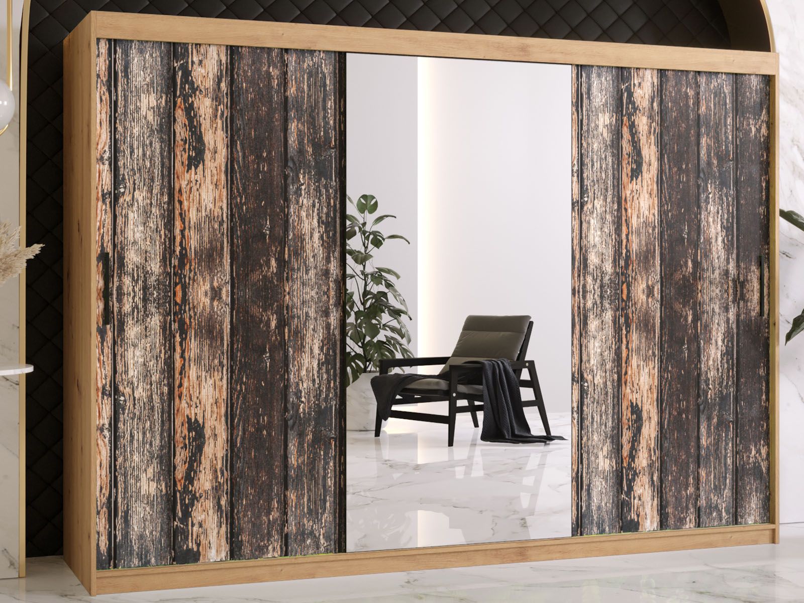 Armoire TODY 2 portes coulissantes 250 cm chêne artisan avec miroir