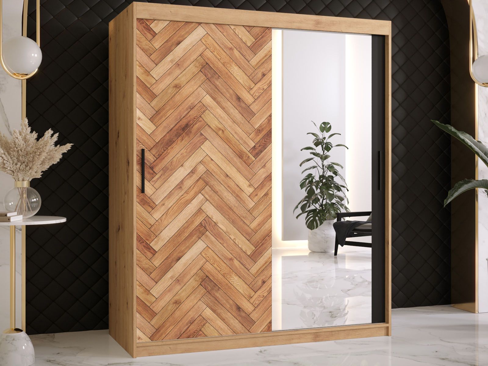 Armoire PARKIETO 2 portes coulissantes 150 cm noir/chêne artisan avec miroir