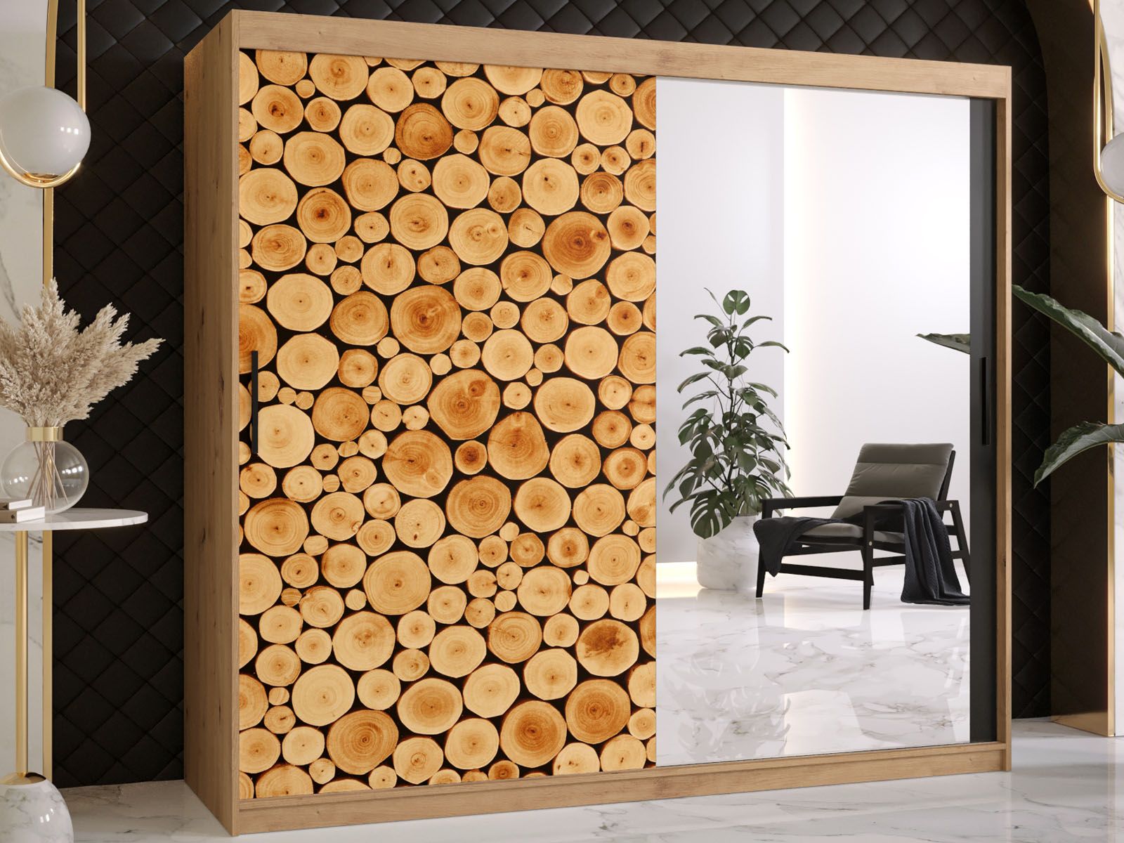 Armoire SOSNY 2 portes coulissantes 200 cm chêne artisan avec miroir