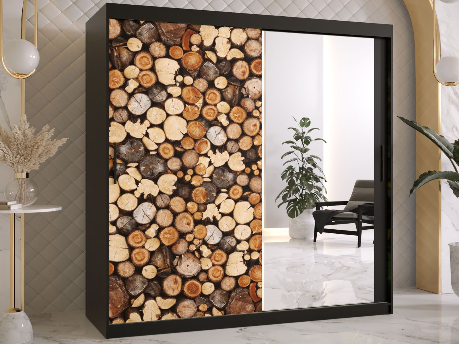 Armoire DREMBO 2 portes coulissantes 180 cm noir avec miroir