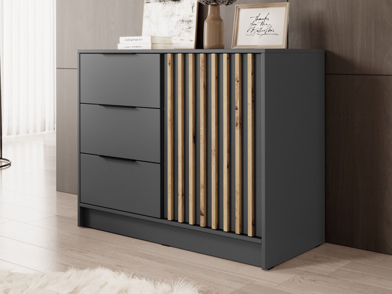 Buffet/bahut MELINDA 1 porte 3 tiroirs anthracite