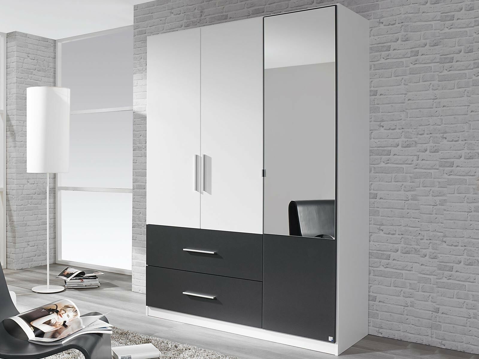 Armoire ALVARO 3 portes 2 tiroirs blanc/gris métal avec miroir