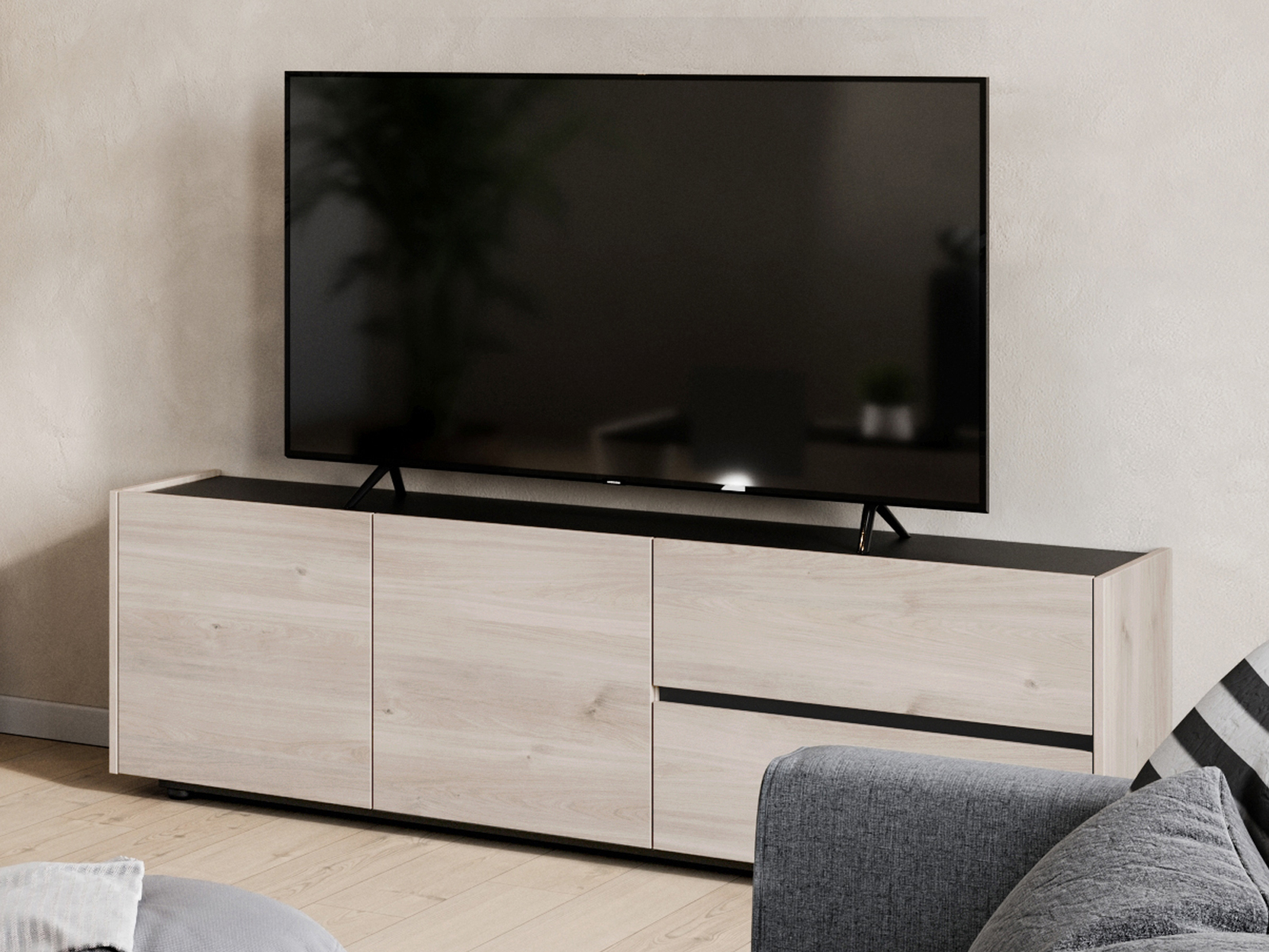 Meuble tv-hifi CADOLZBURG 2 portes 2 tiroirs chêne castello/noir