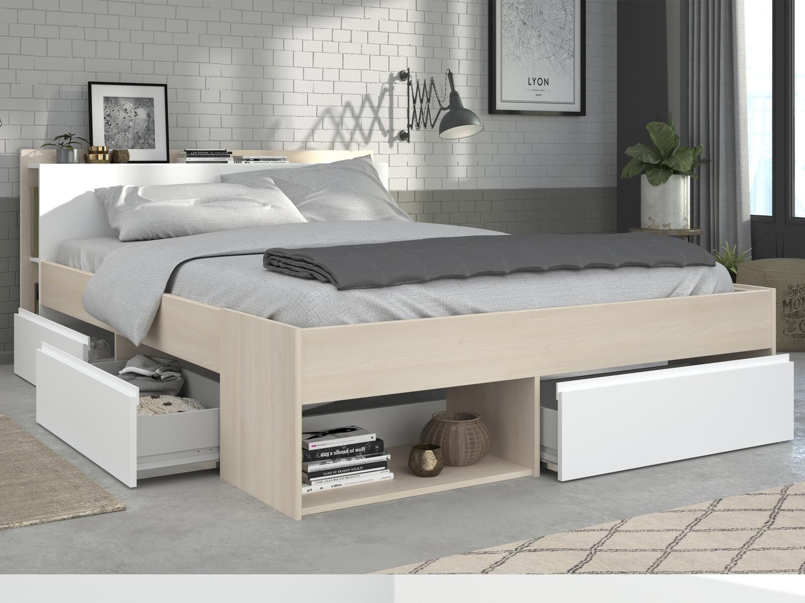 Lit NOE 140x190 cm acacia clair avec tiroirs