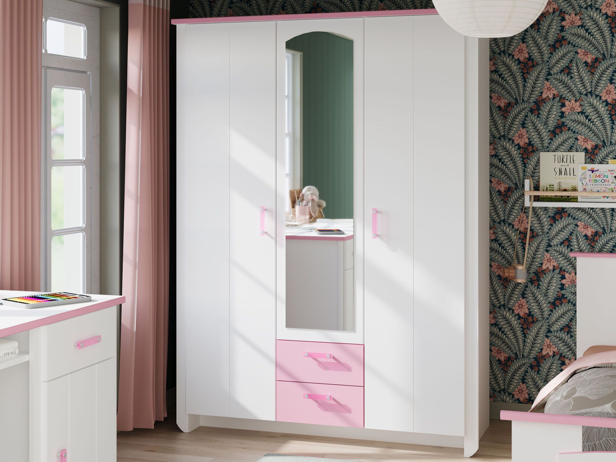 Armoire ROBINSON 3 portes et 2 tiroirs blanc/rose