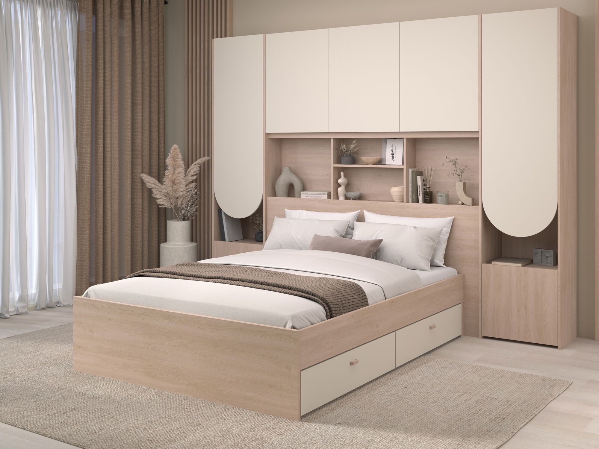 Lit pont BRIDANI CURVE 140x190 cm chêne brooklyn/cachemire