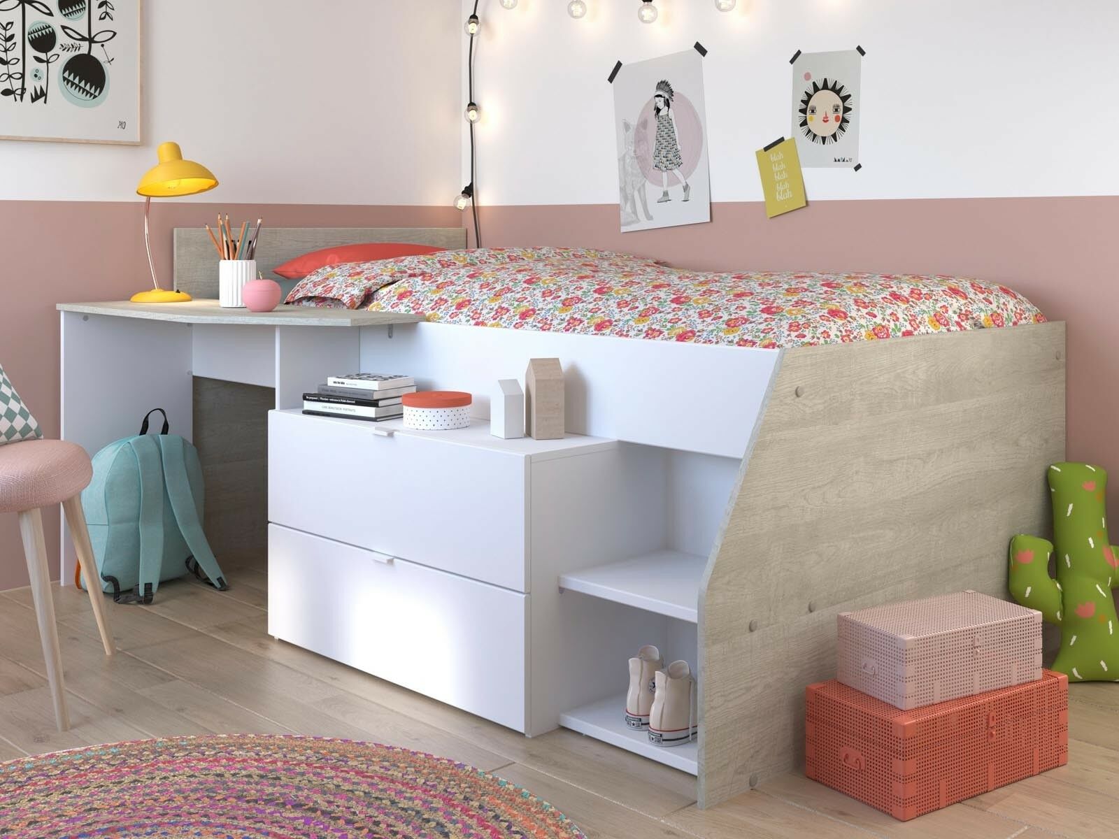 Lit combiné MICKEY 90x190 cm blanc/gris loft