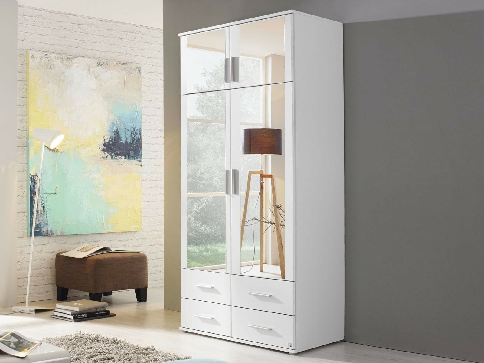 Armoire KEMMEL 4 portes et 4 tiroirs blanc avec miroir