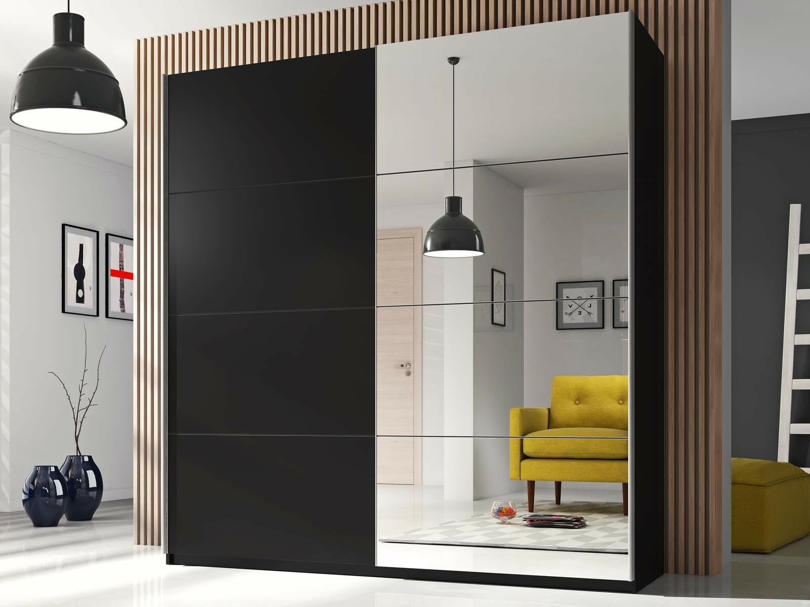 Armoire BELHAMBRA 2 portes coulissantes 180 cm noir avec miroir