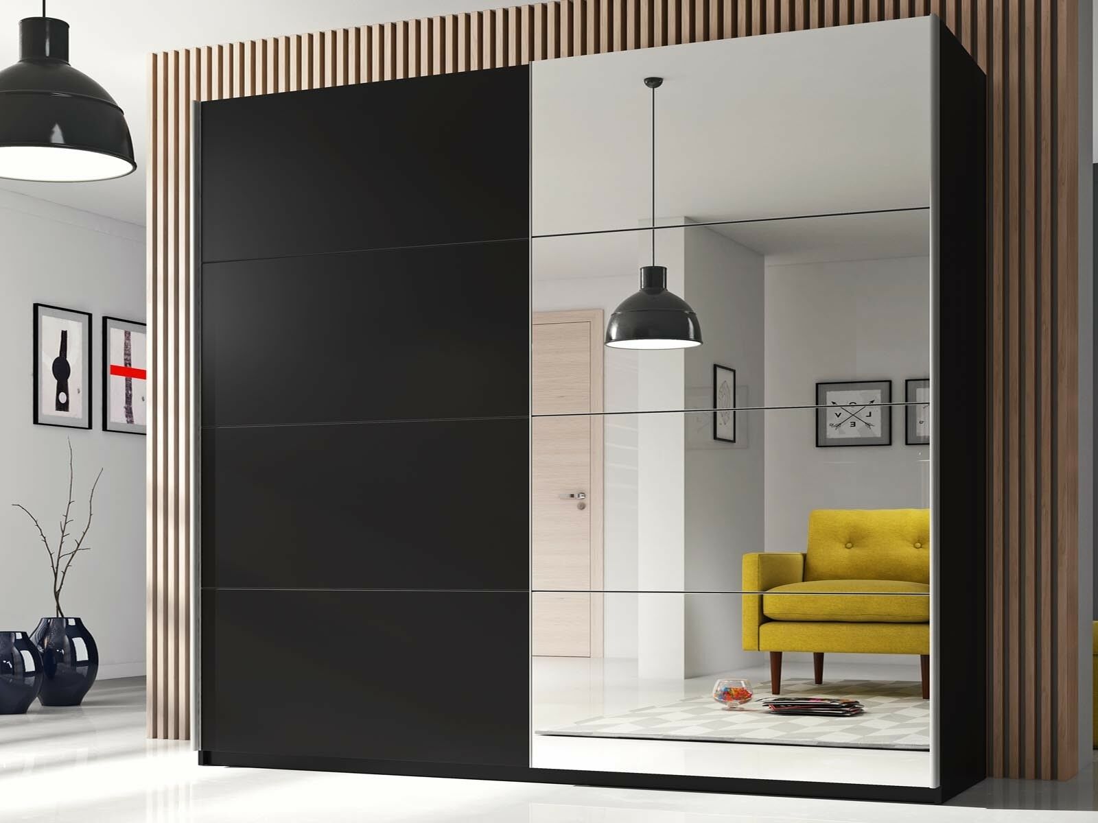 Armoire BELHAMBRA 2 portes coulissantes 220 cm noir avec miroir