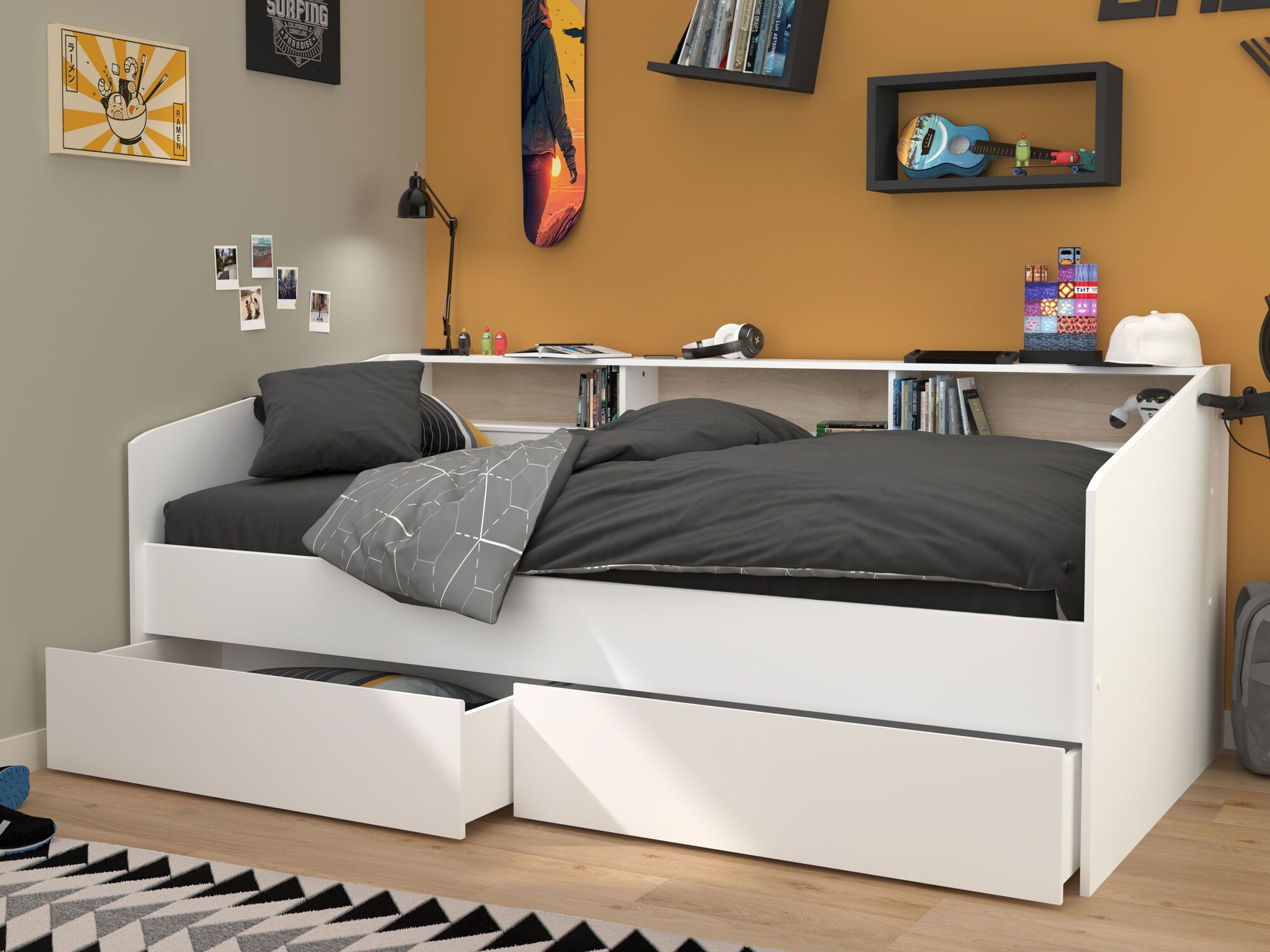 Lit capitain SULLY 90x200 cm blanc avec tiroirs