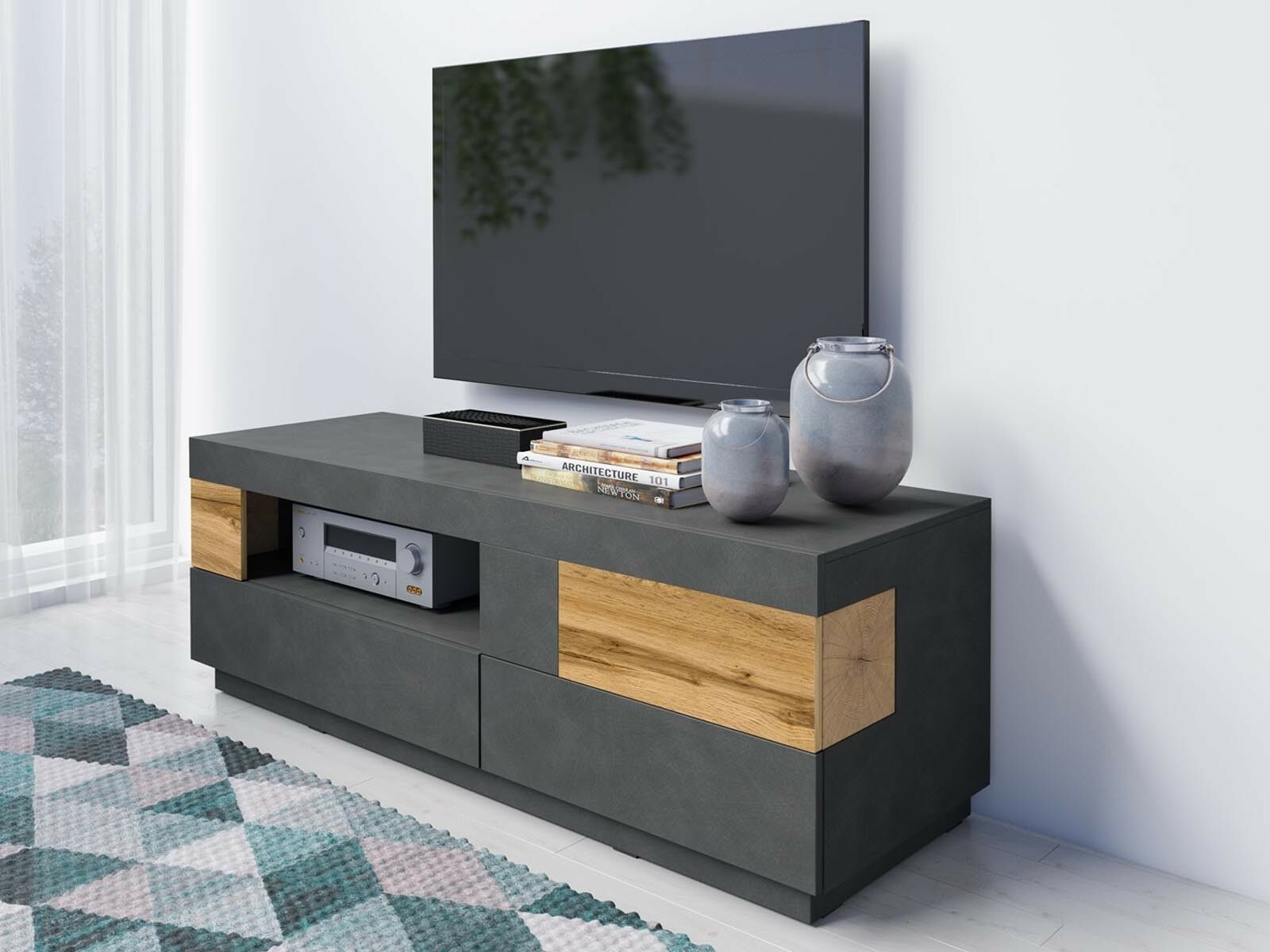 Meuble tv-hifi SILAC 1 porte abattante 2 tiroirs matera/chêne wotan
