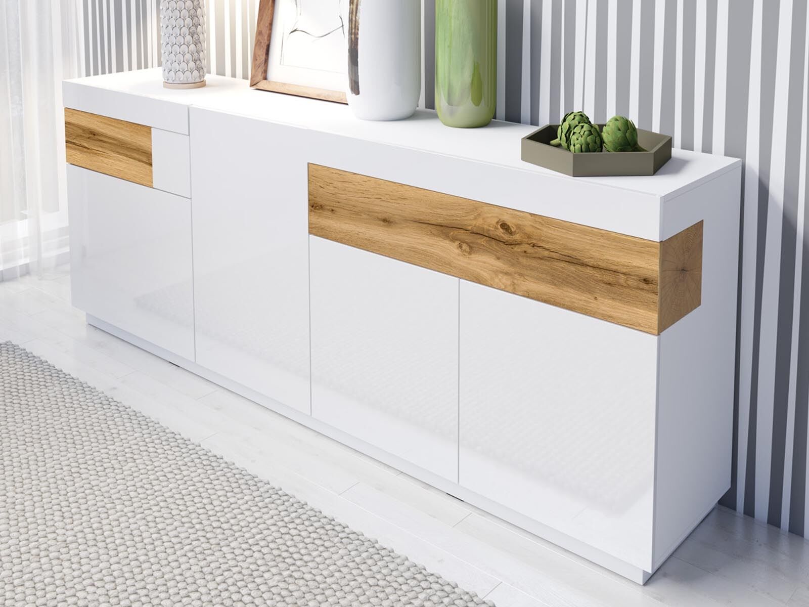 Buffet/bahut SILAC 4 portes 2 tiroirs blanc/chêne wotan