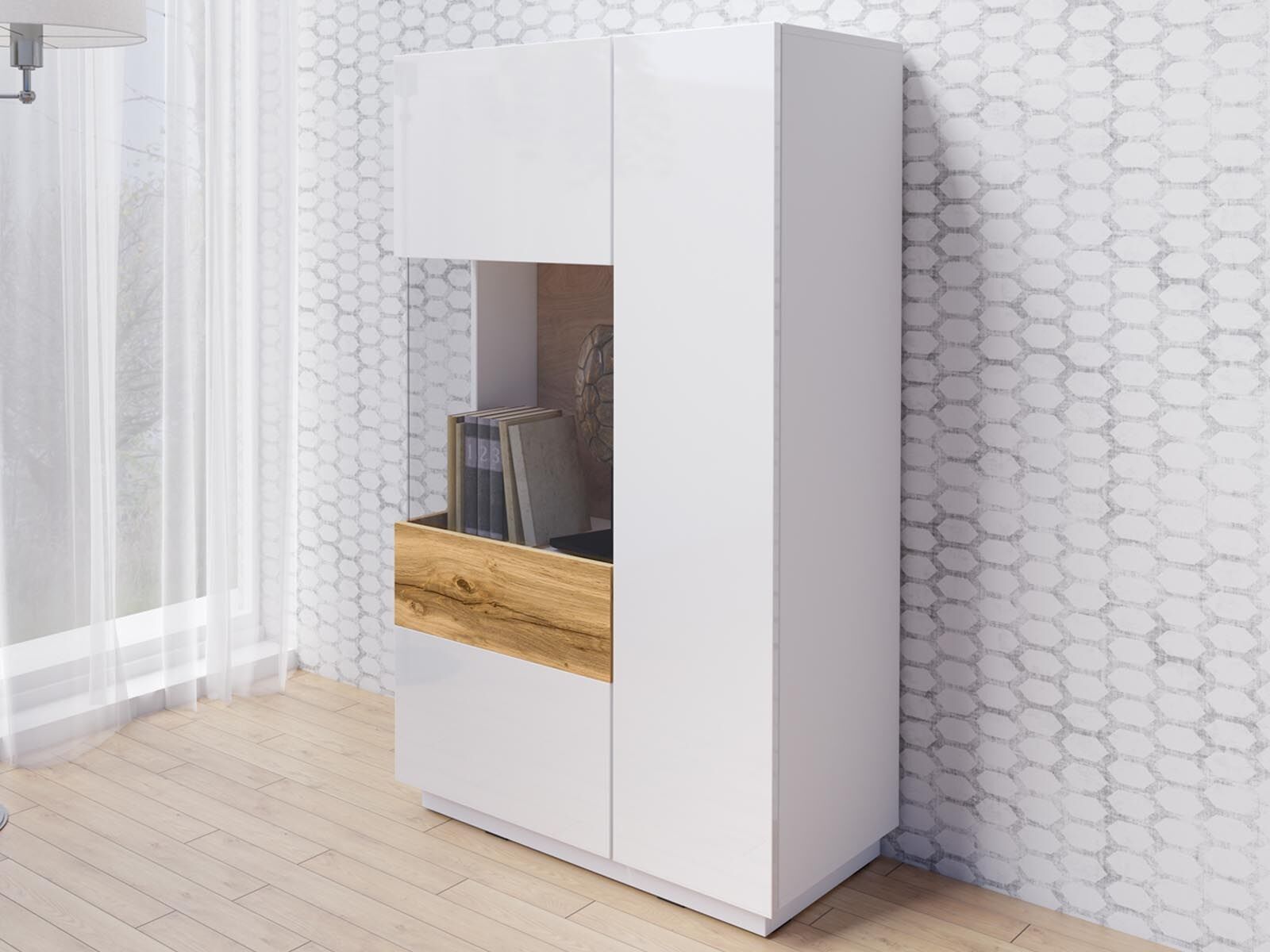 Commode SILAC 2 portes (gauche) blanc/chêne wotan avec led