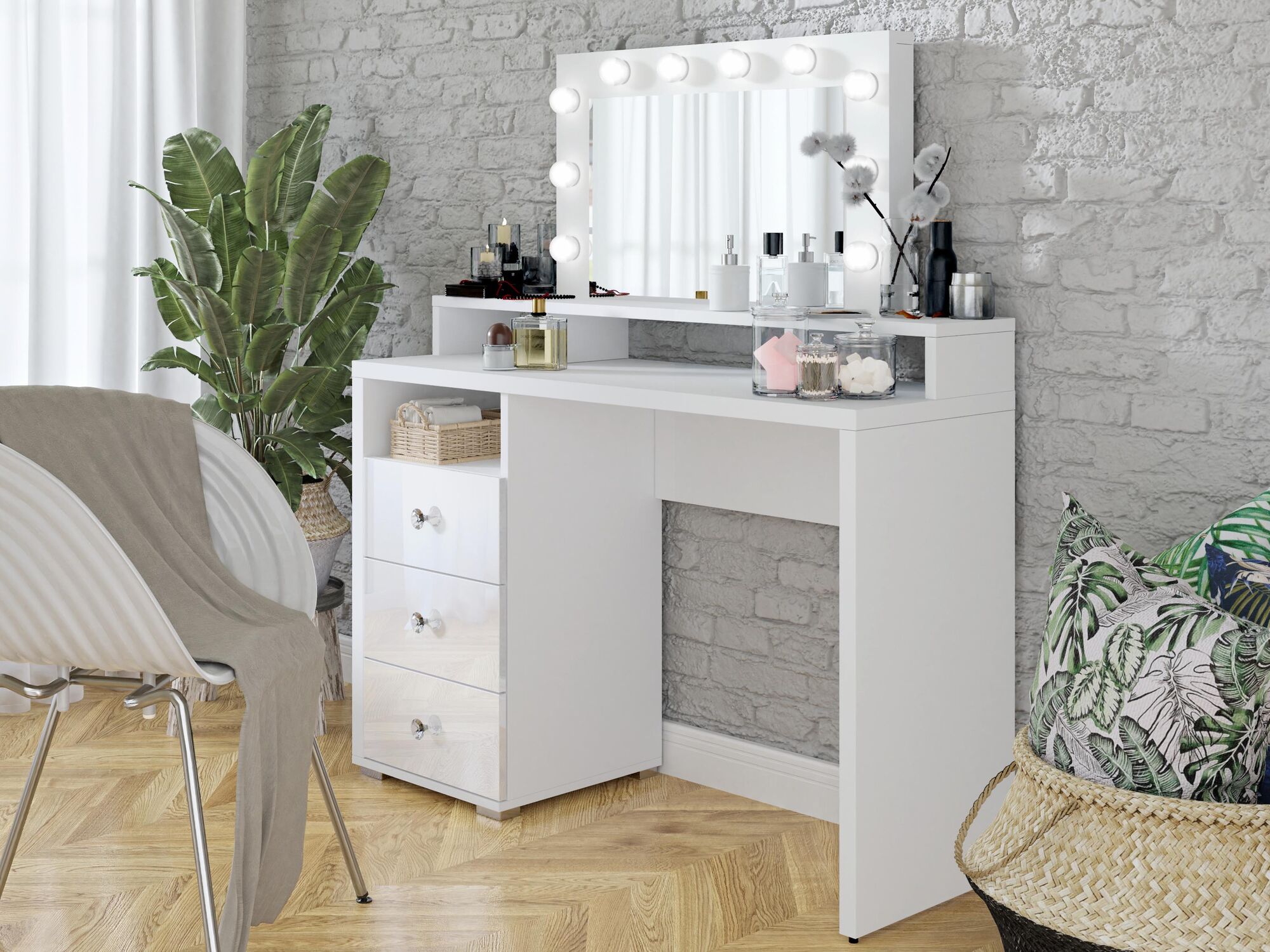 Coiffeuse DIVANA 3 tiroirs blanc/blanc brillant