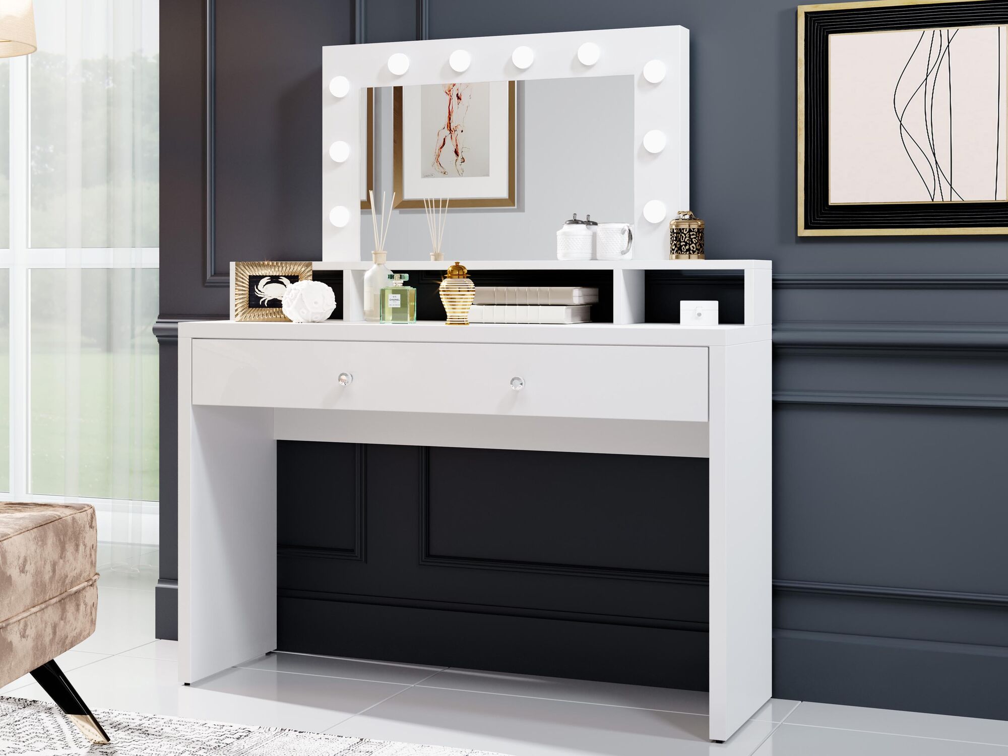 Coiffeuse ARIASSE 1 tiroir blanc/blanc brillant