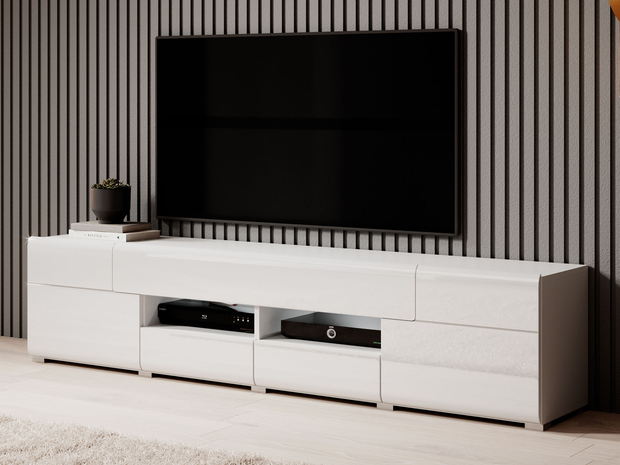 Meuble tv-hifi TOMASSON 2 portes 3 tiroirs blanc/blanc brillant avec led