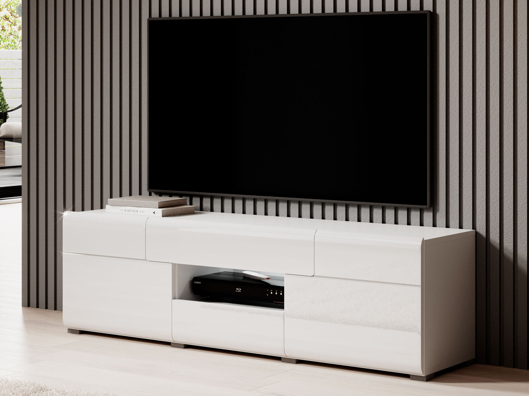 Meuble tv-hifi TOMASSON 2 portes 2 tiroirs blanc/blanc brillant