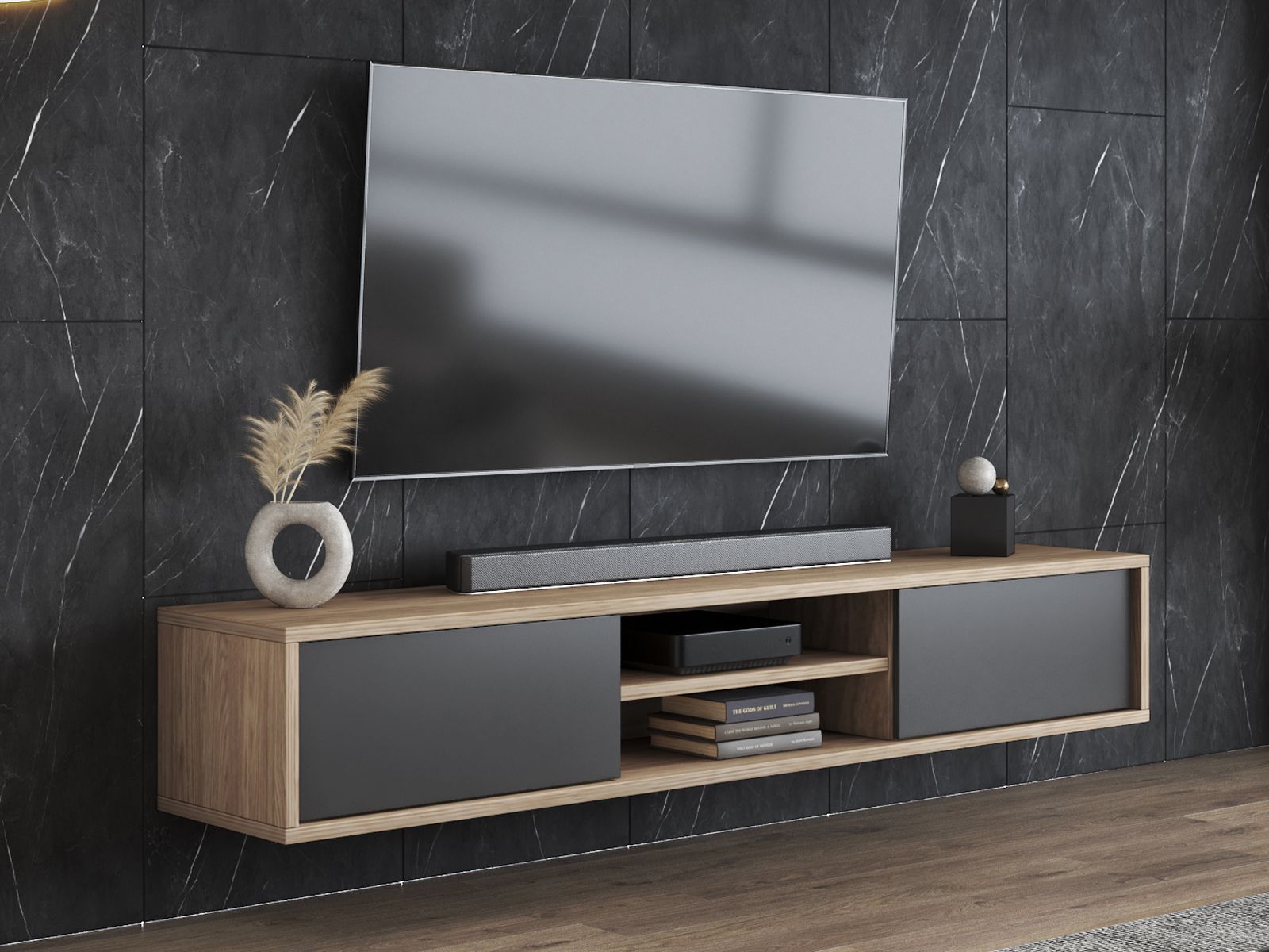 Meuble tv-hifi FRUNDA 2 portes battantes chêne/anthracite