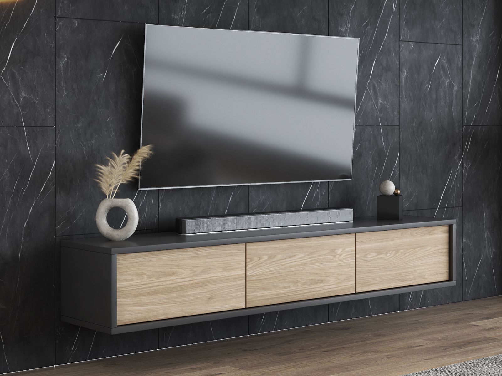 Meuble tv-hifi FRUNDA 3 portes battantes anthracite/chêne