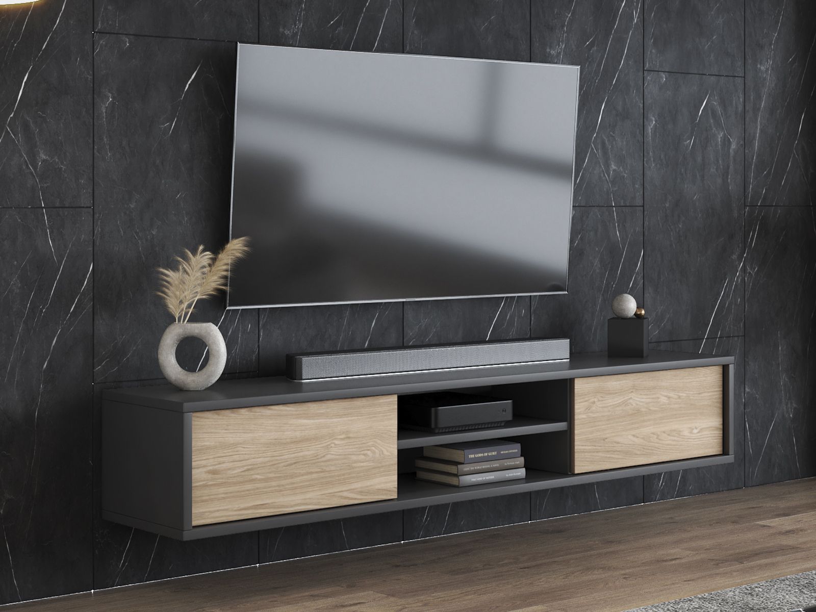 Meuble tv-hifi FRUNDA 2 portes battantes anthracite/chêne