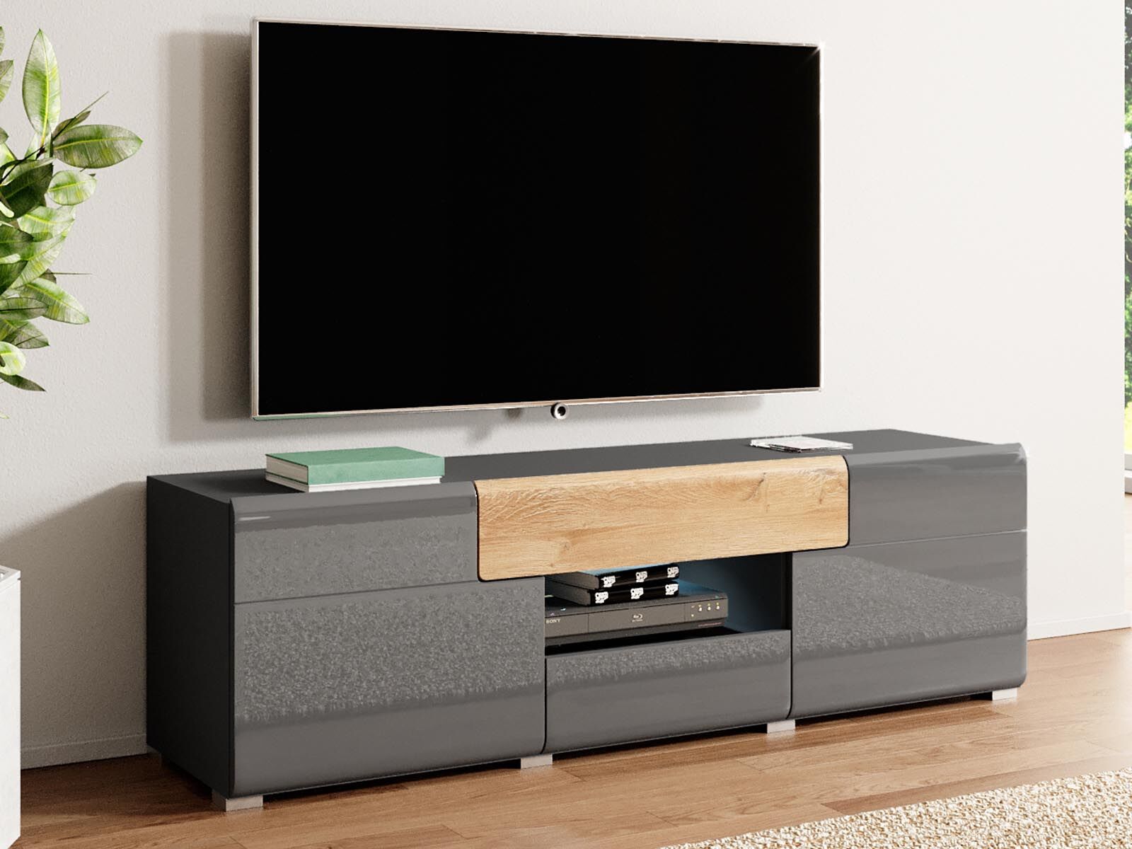 Meuble tv-hifi TORERO 2 portes 2 tiroirs chêne grandson/anthracite avec led