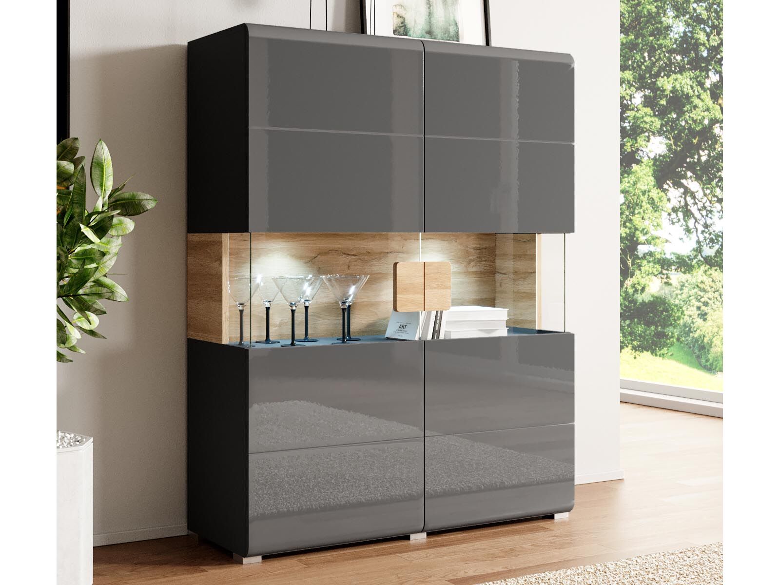 Vitrine TORERO 2 portes chêne grandson/anthracite avec led