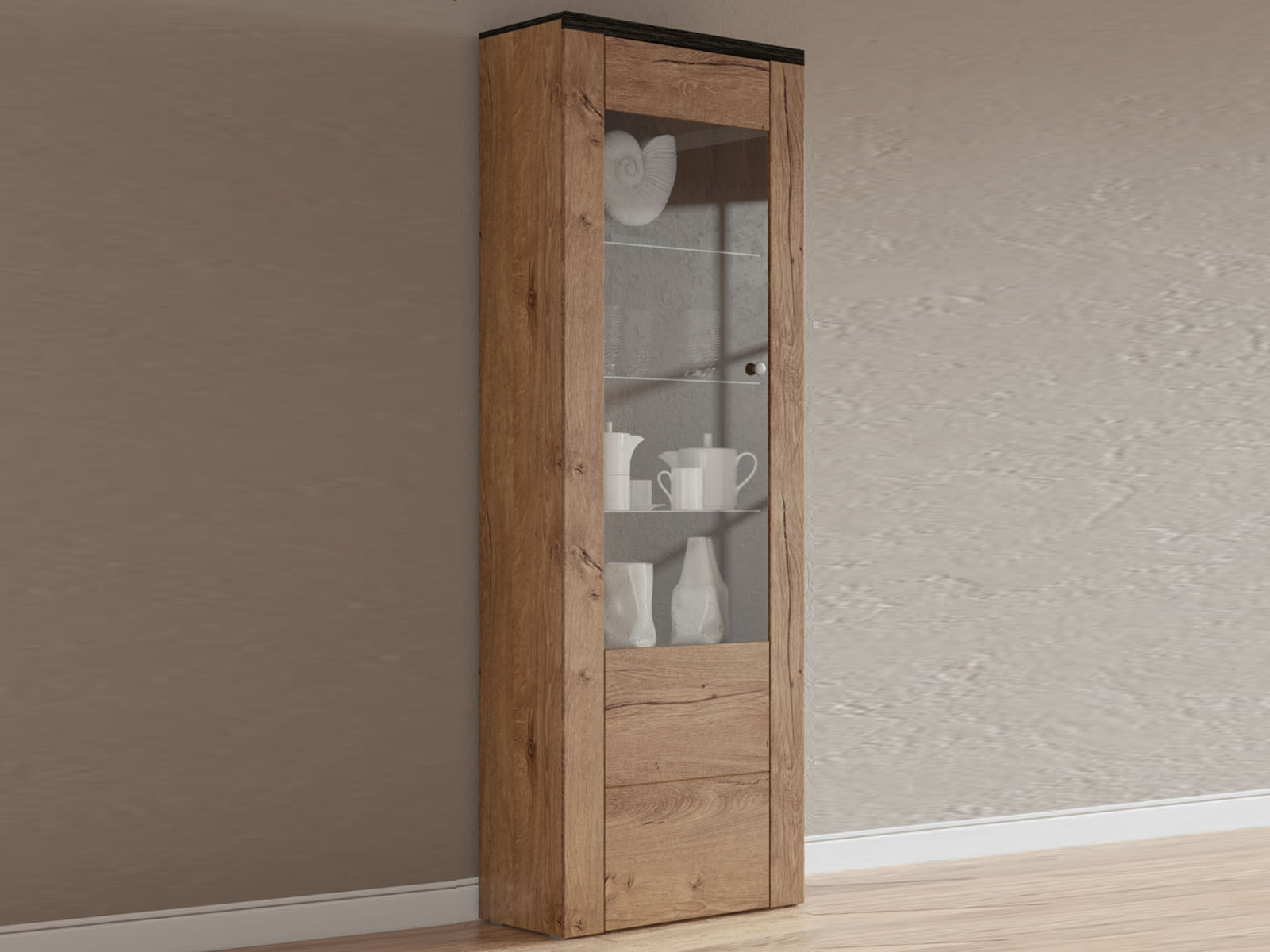 Vitrine LARZAC 1 porte chêne lefkas avec led