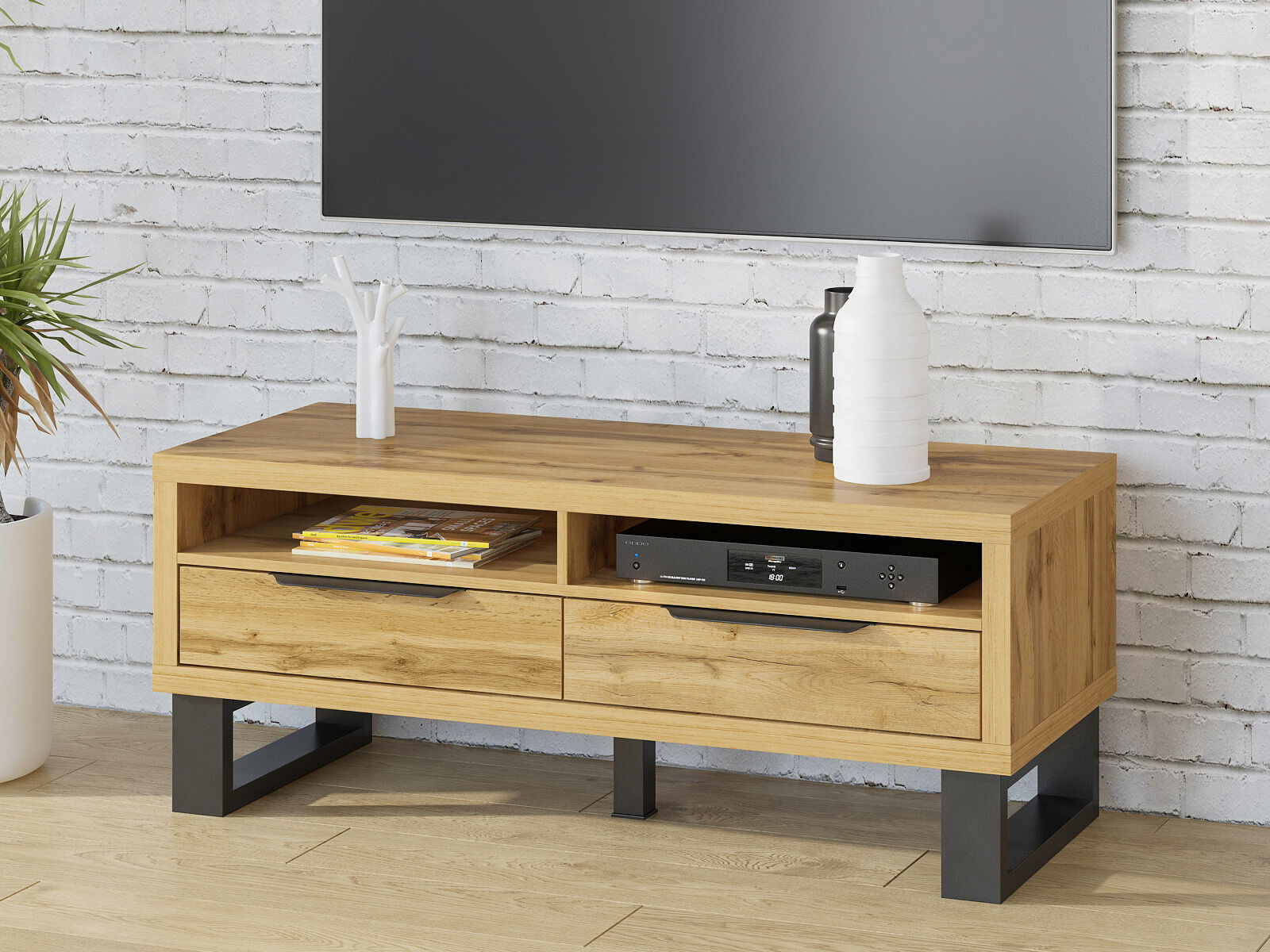 Meuble tv-hifi HALO 2 tiroirs 2 niches chêne wotan