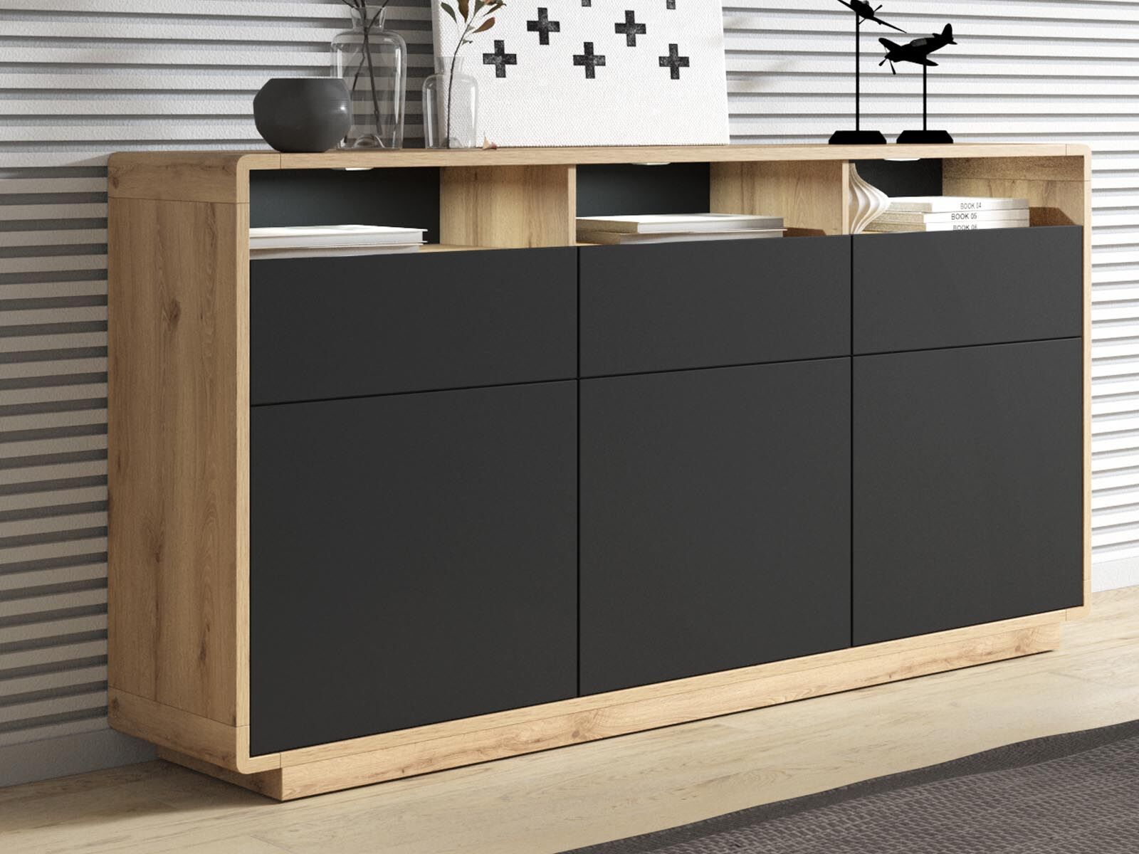 Buffet/bahut ASTER 3 portes 3 tiroirs noir mat/chêne taurus