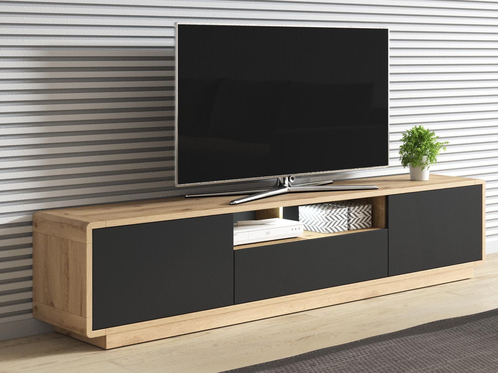 Meuble TV ASTER 200 cm 2 portes 1 tiroir noir mat/chêne taurus