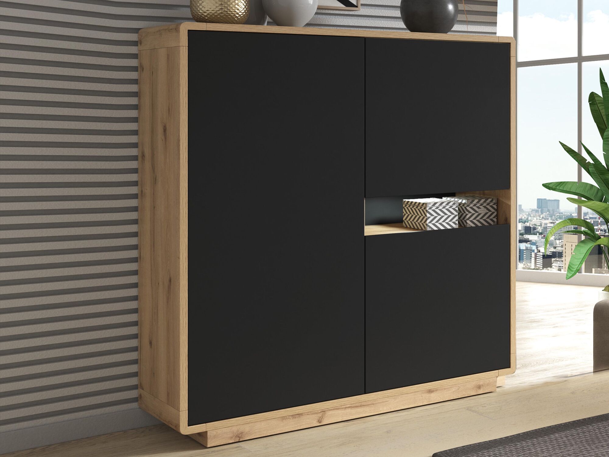 Commode ASTER 3 portes noir mat/chêne taurus