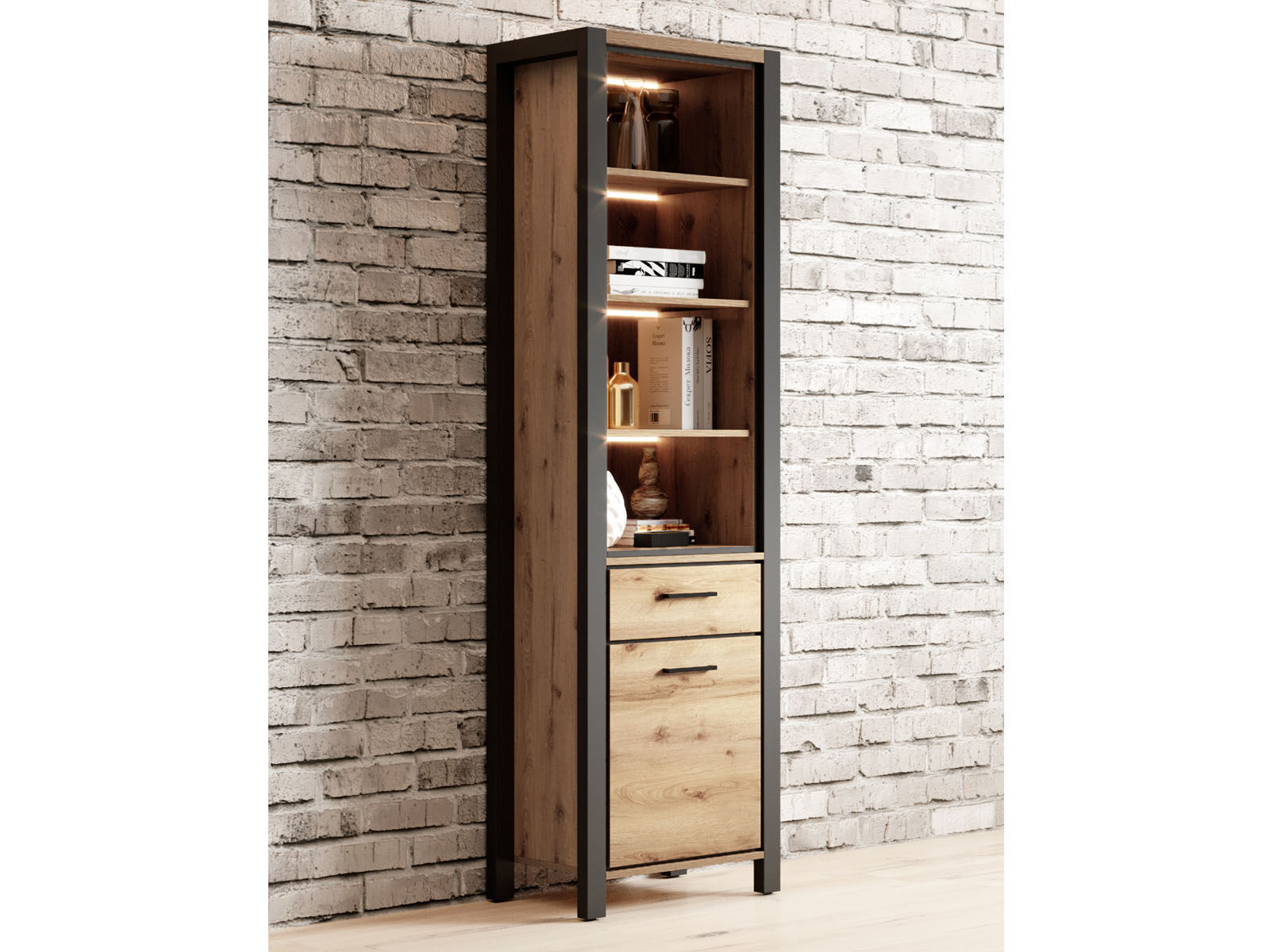 Colonne ATIK 1 porte 1 tiroir noir/chêne taurus