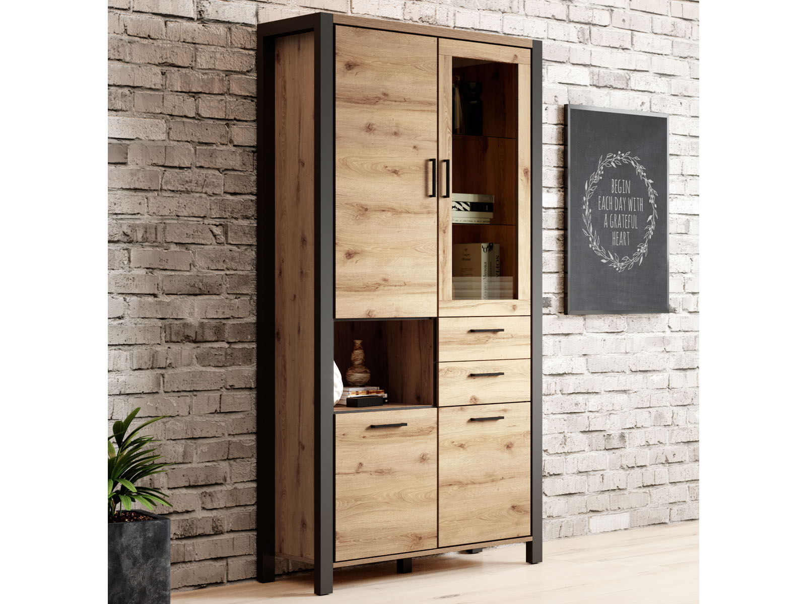 Vitrine ATIK 4 portes 2 tiroirs noir/chêne taurus