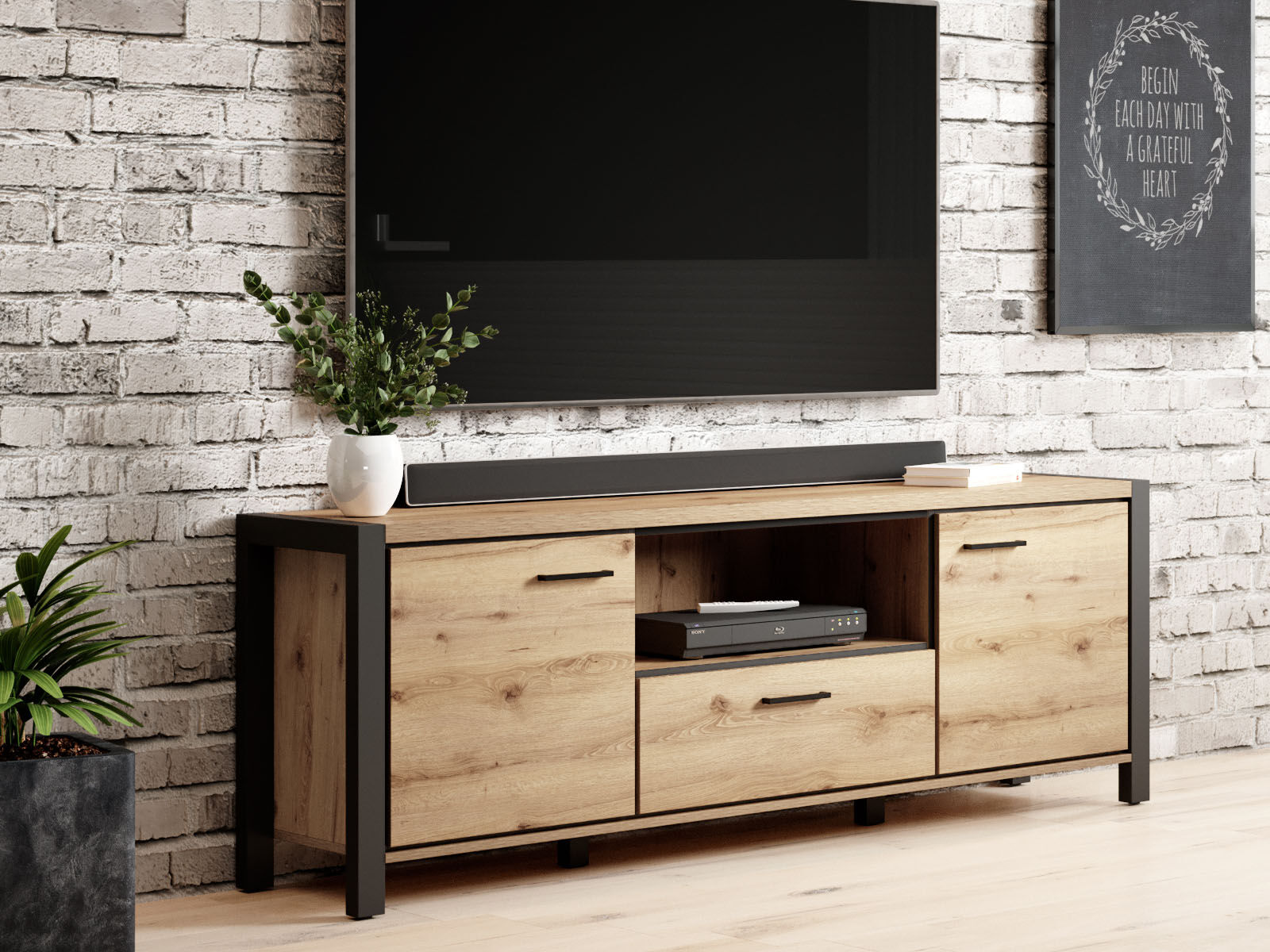 Meuble tv-hifi ATIK 2 portes 1 tiroir 180 cm noir/chêne taurus