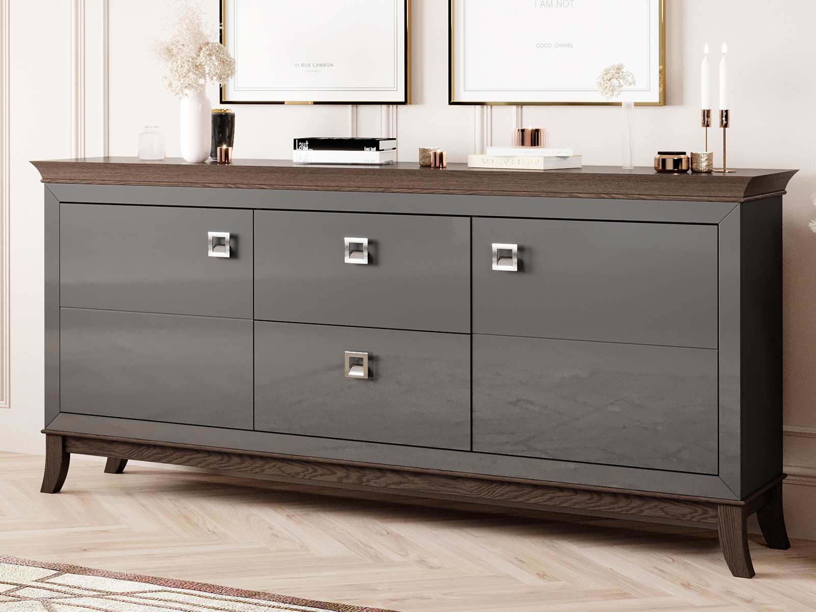 Buffet/bahut TIROSA 2 portes 2 tiroirs anthracite brillant