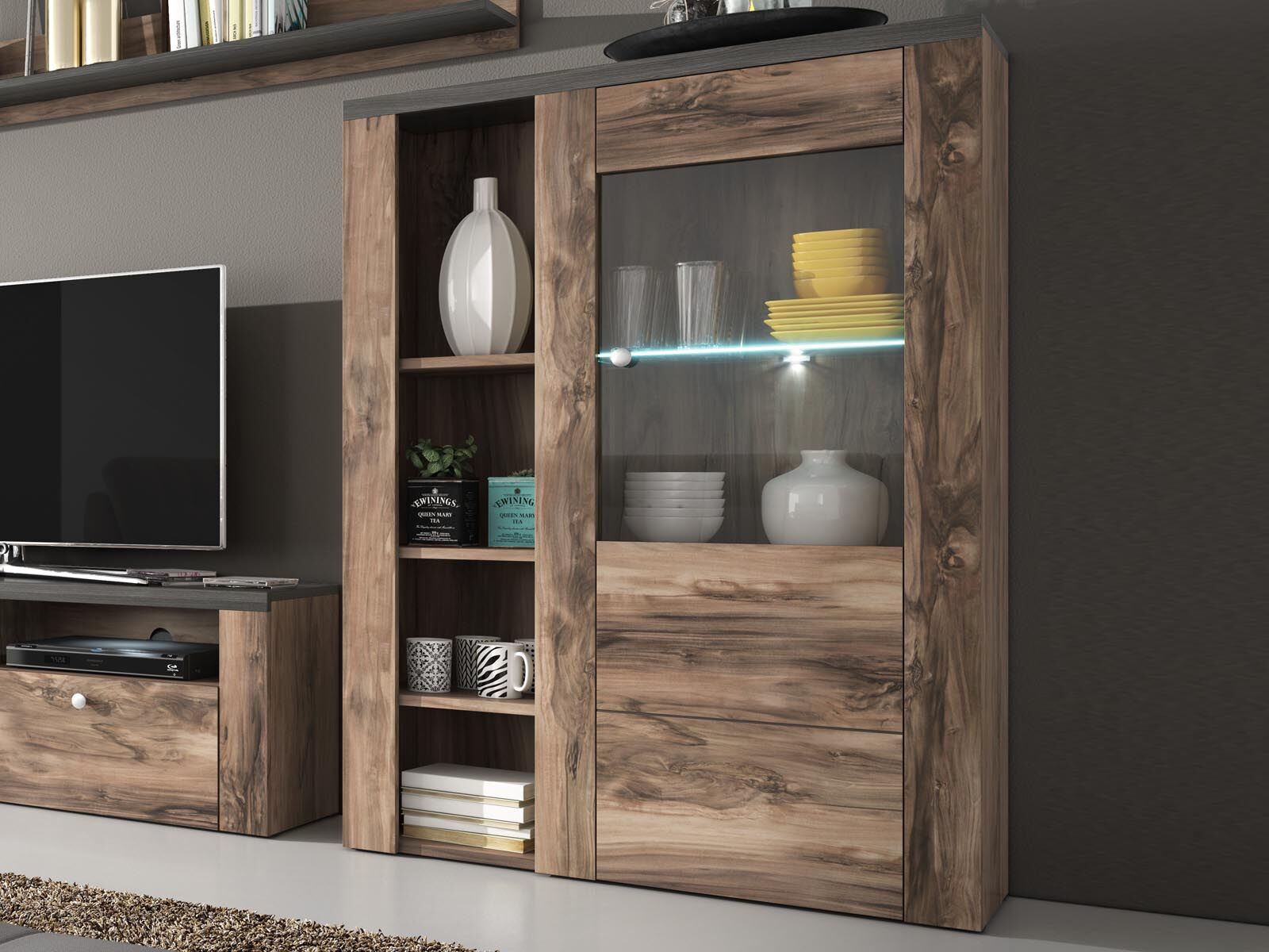 Commode haute LARZAC 1 porte noyer satiné/effet boisé