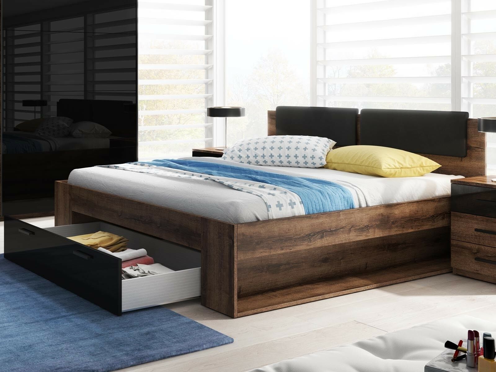 Lit GALACTIC 140x200 cm noir brillant/chêne monastère