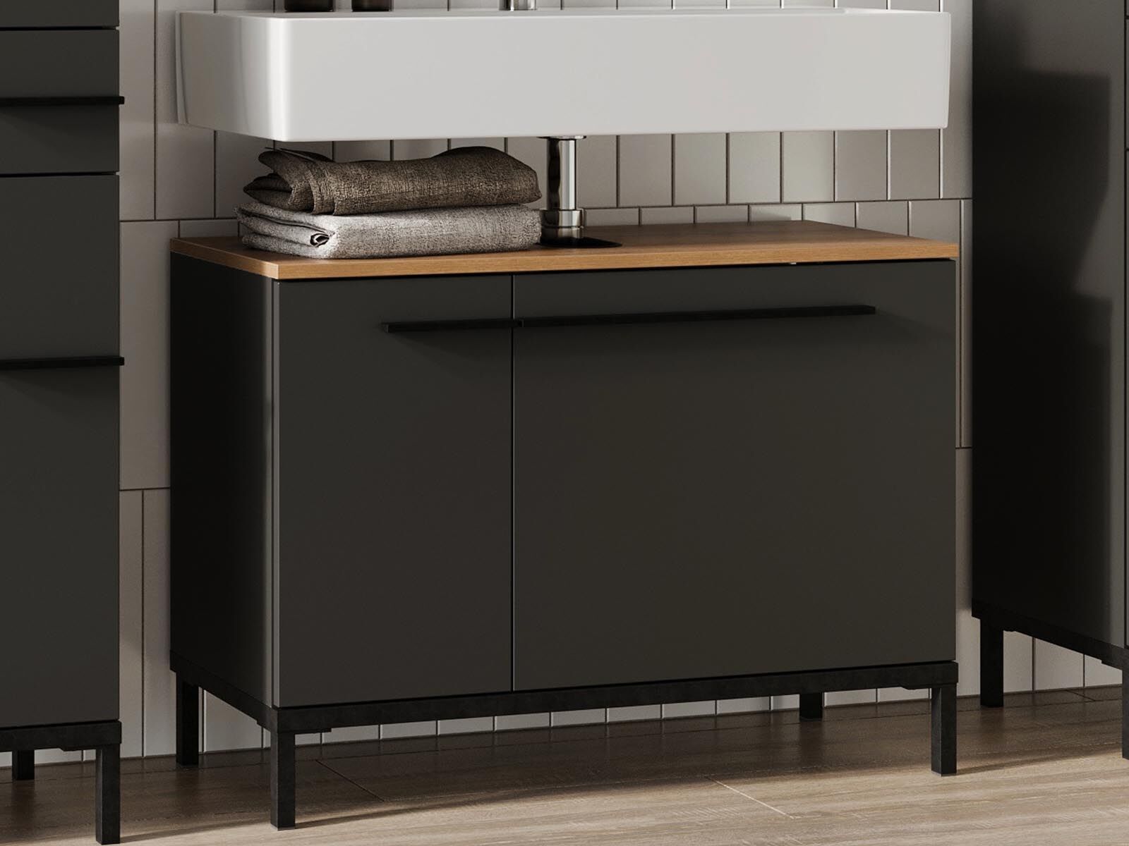 Meuble sous lavabo YONA 2 portes chêne navarra/graphite