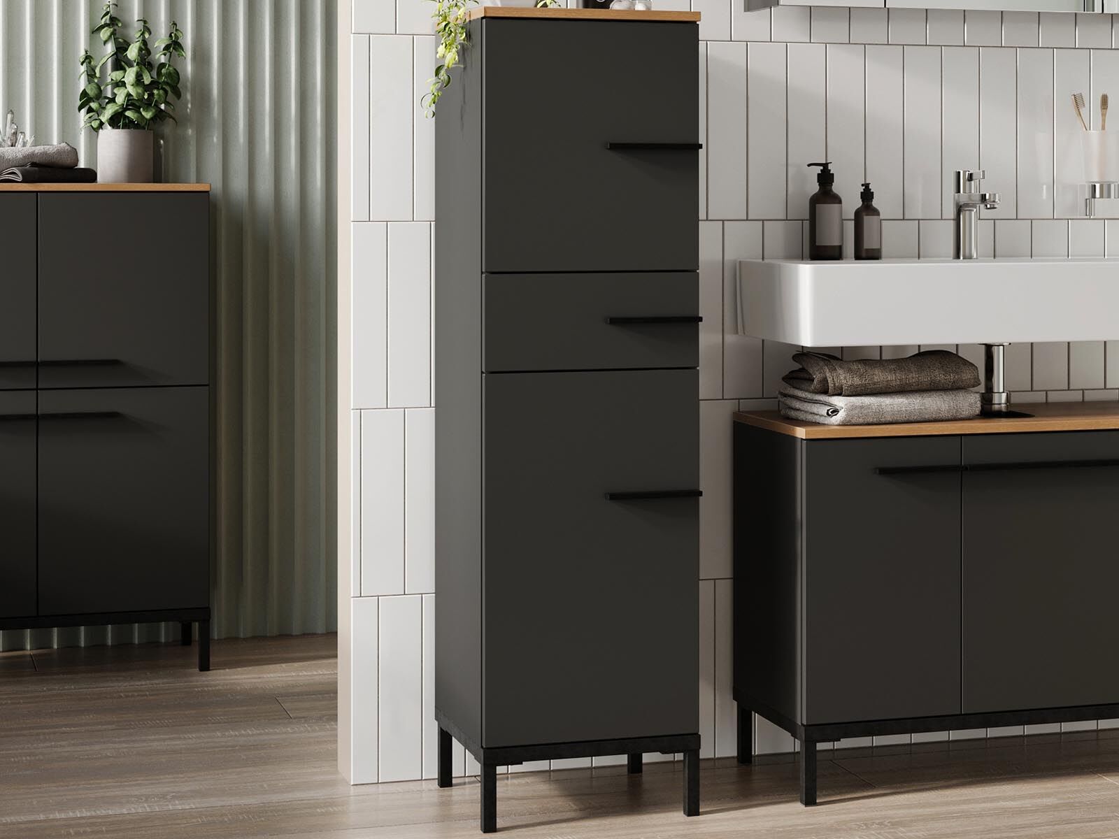 Armoire de salle bain YONA 2 portes 1 tiroir chêne navarra/graphite