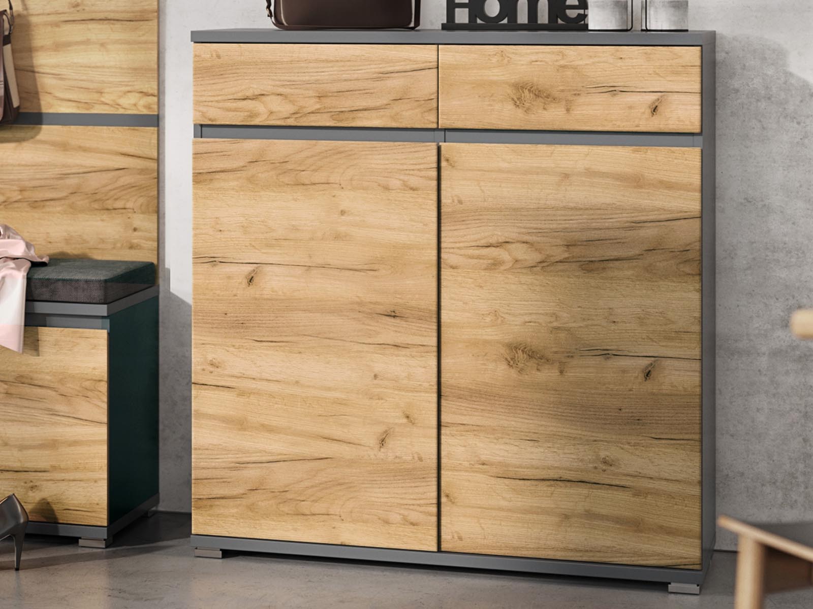 Meuble à chaussures LIVINGSTONE 2 portes 2 tiroirs anthracite/chêne navarra